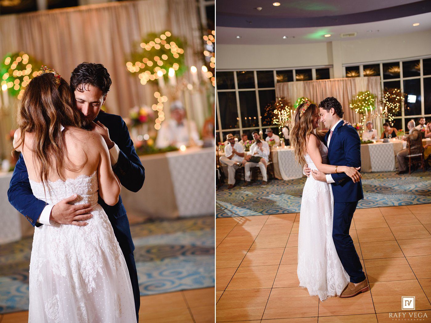 Bride and groom share their first dance at elegant wedding reception with warm string lights and floral centerpieces.