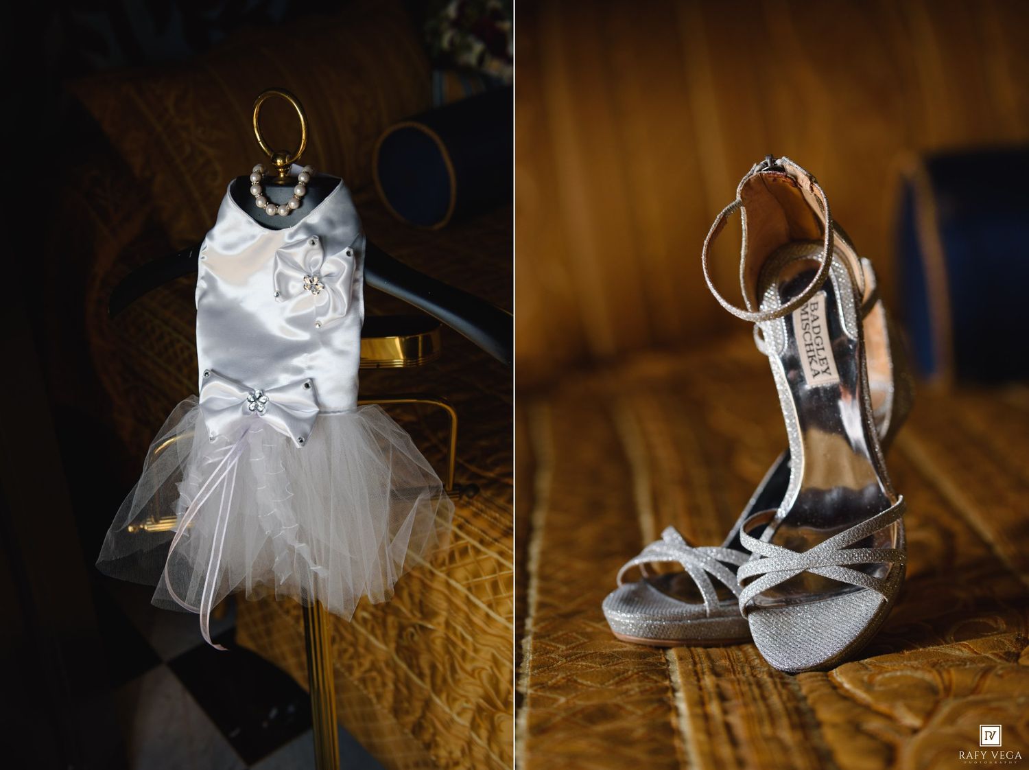 White wedding dress and silver high heel shoes displayed elegantly for a bridal preparation photo.