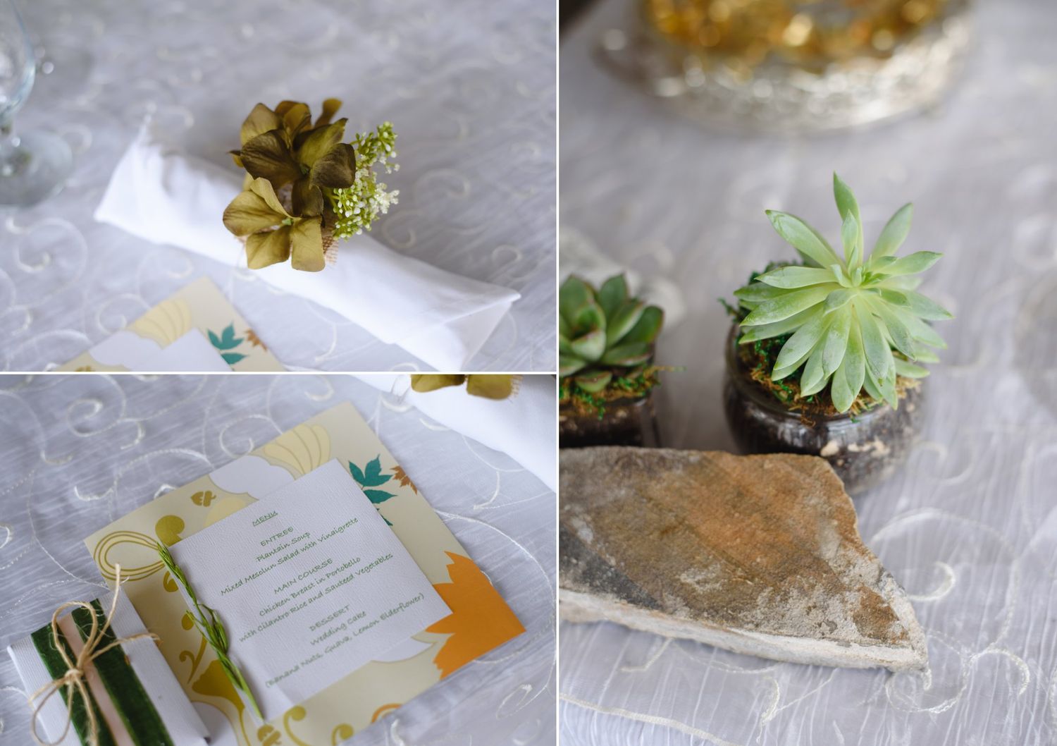 Wedding favor boxes with succulent toppers and menu cards featuring yellow and green botanical designs on a white tablecloth.