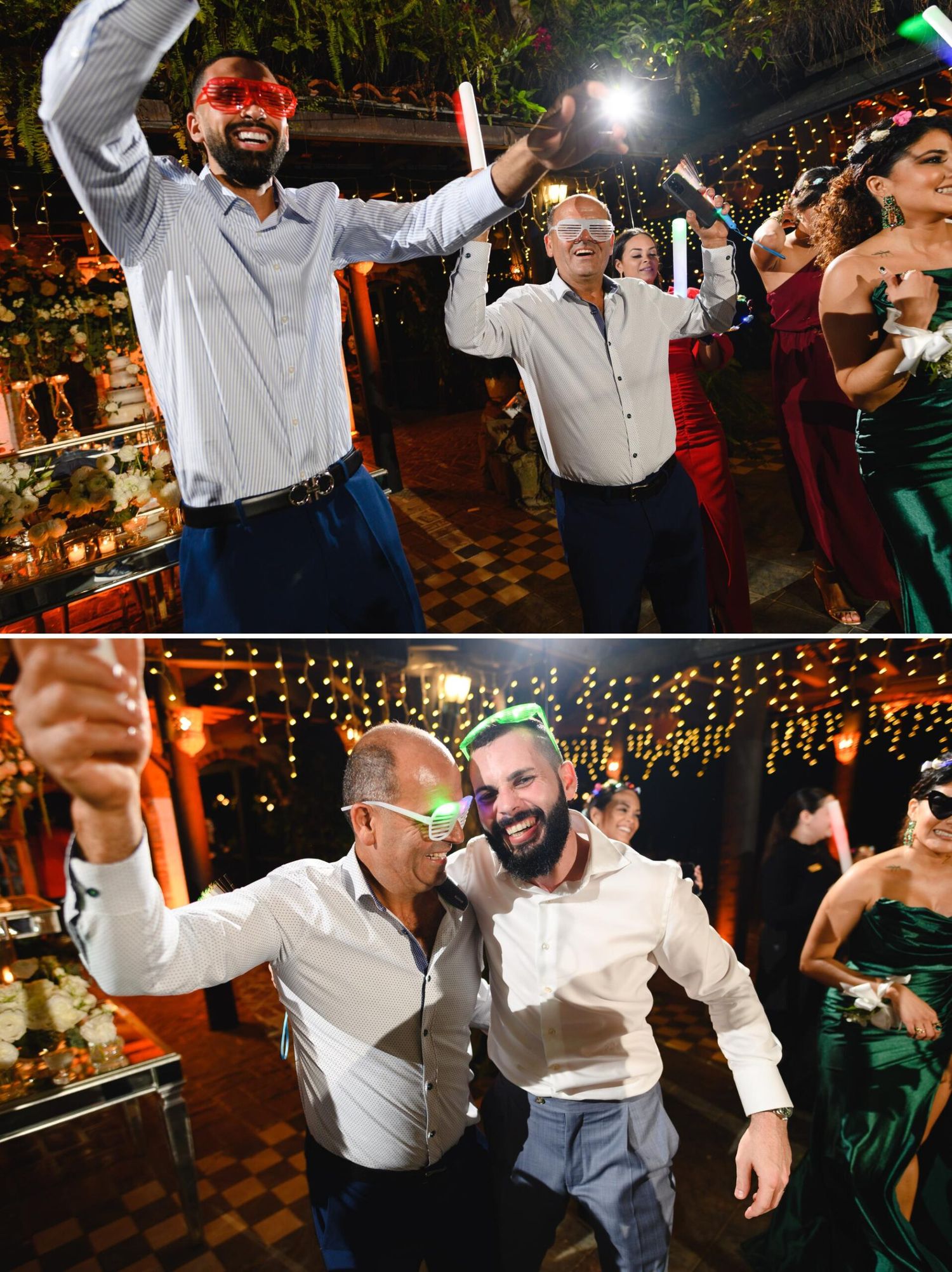 Men dancing joyfully at a festive wedding reception with colorful lights and decorations in the background.