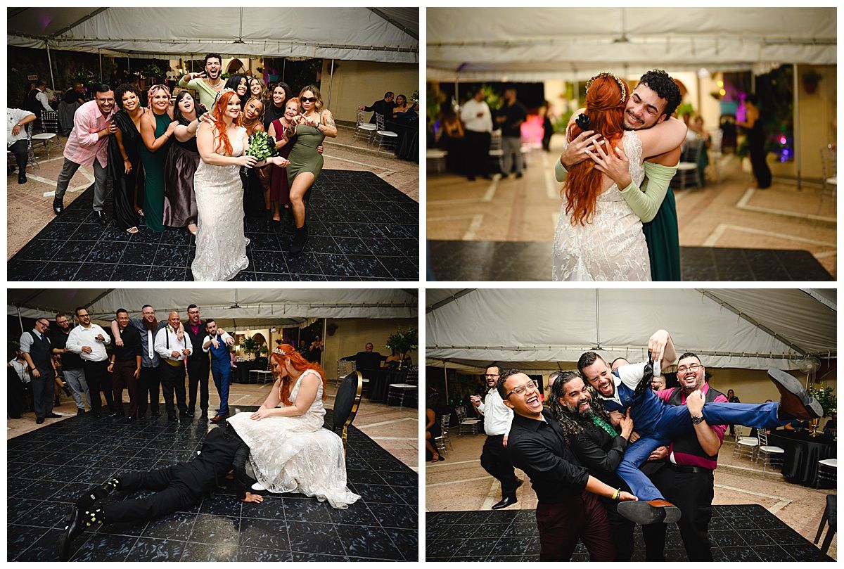 Lively wedding reception dance floor with guests celebrating, hugging, and dancing under a tent.