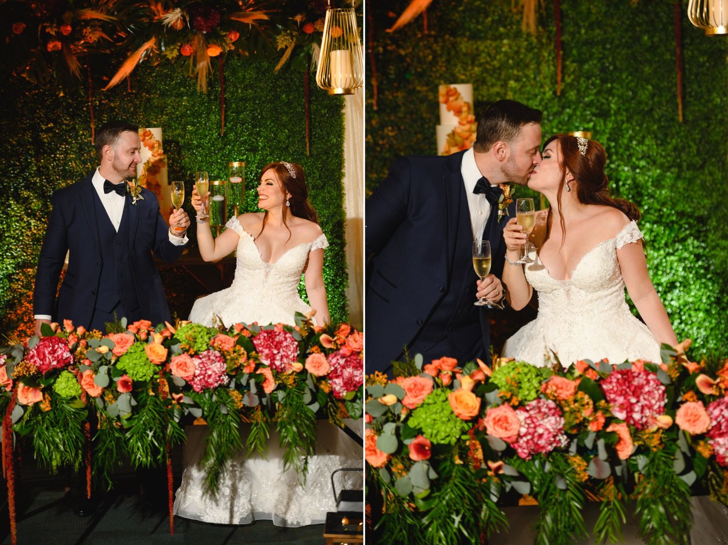 Bride and groom toasting with champagne at wedding reception, surrounded by lush floral arrangements of pink and orange blooms.