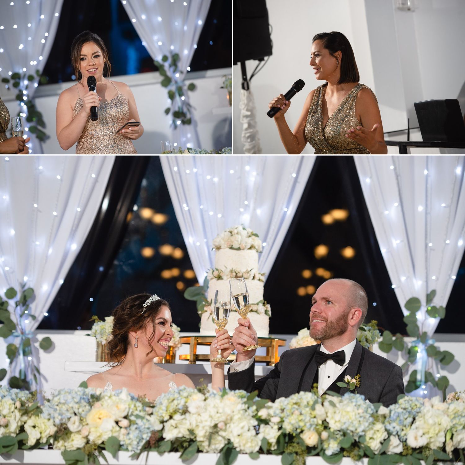Bride and groom toast at wedding reception as two women in gold dresses give speeches near floral arrangements.