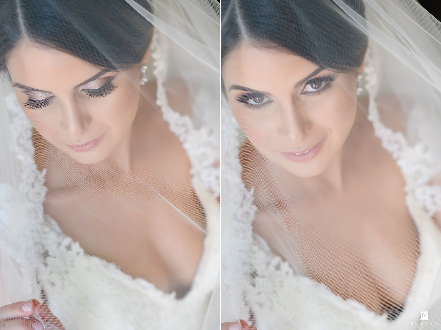 Elegant bride wearing lace wedding dress and veil, showcasing bridal makeup with dramatic eyes and soft smile.