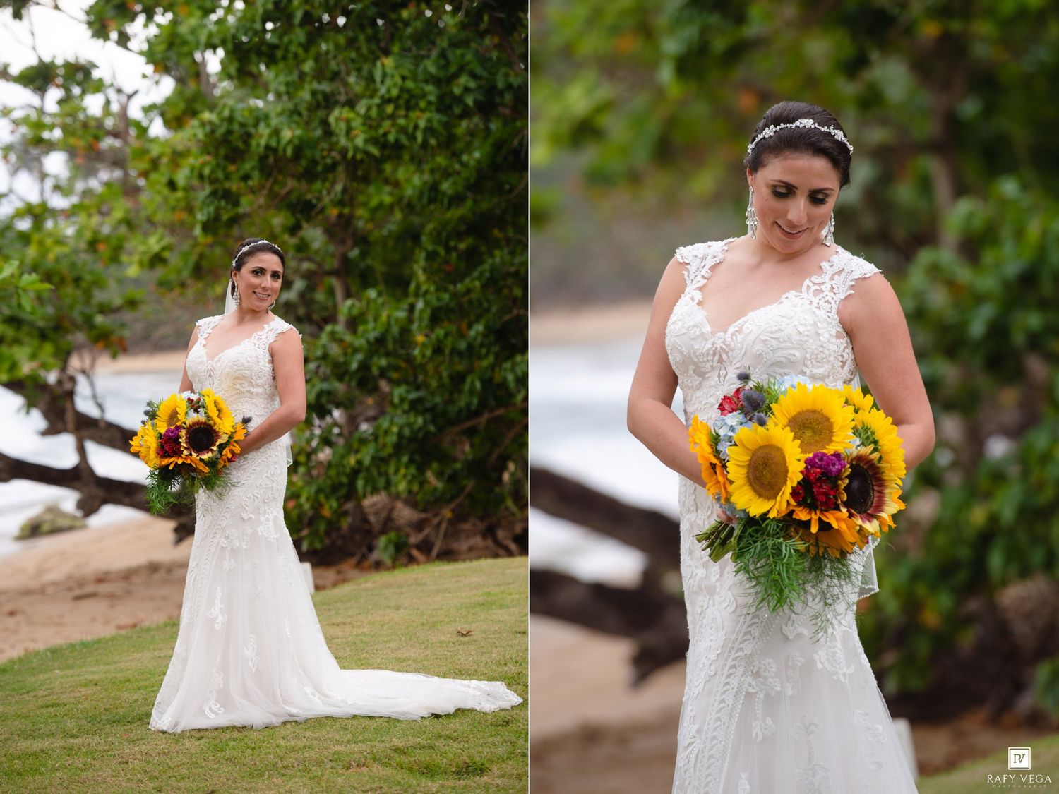 A bride in a lace mermaid gown holds a vibrant sunflower bouquet during her bridal portrait by the beach.