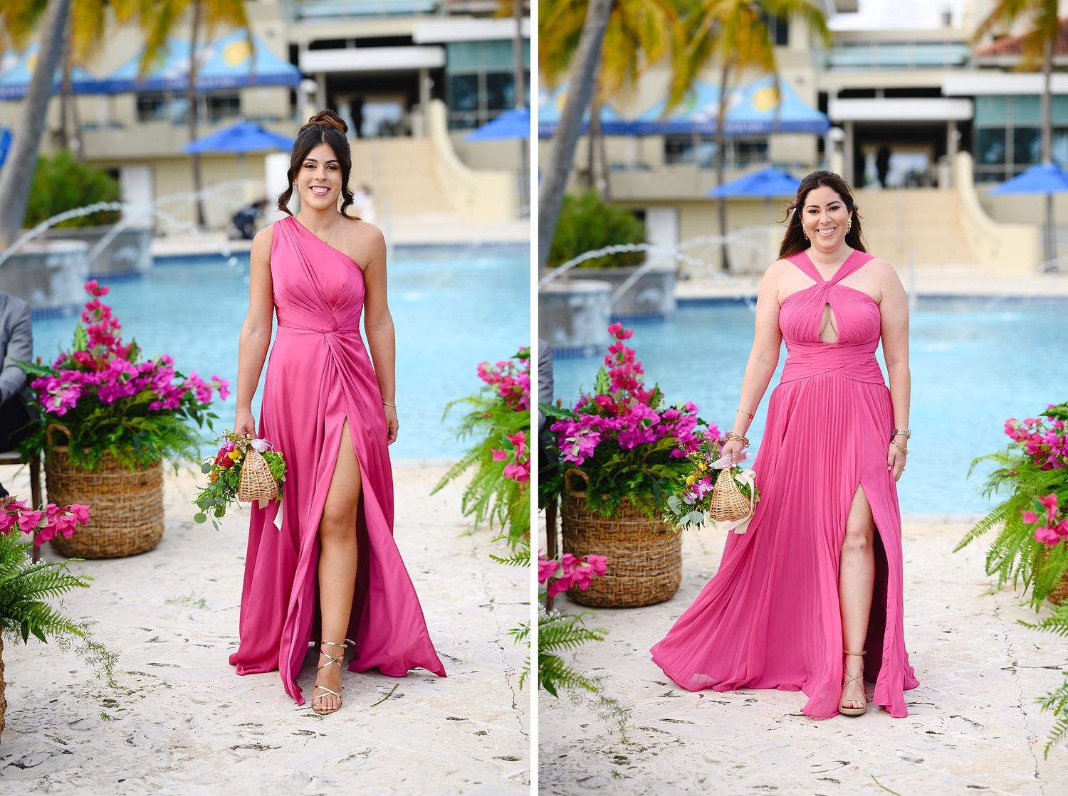 Woman in pink one-shoulder gown with slit poses on beach near pool and tropical flowers.