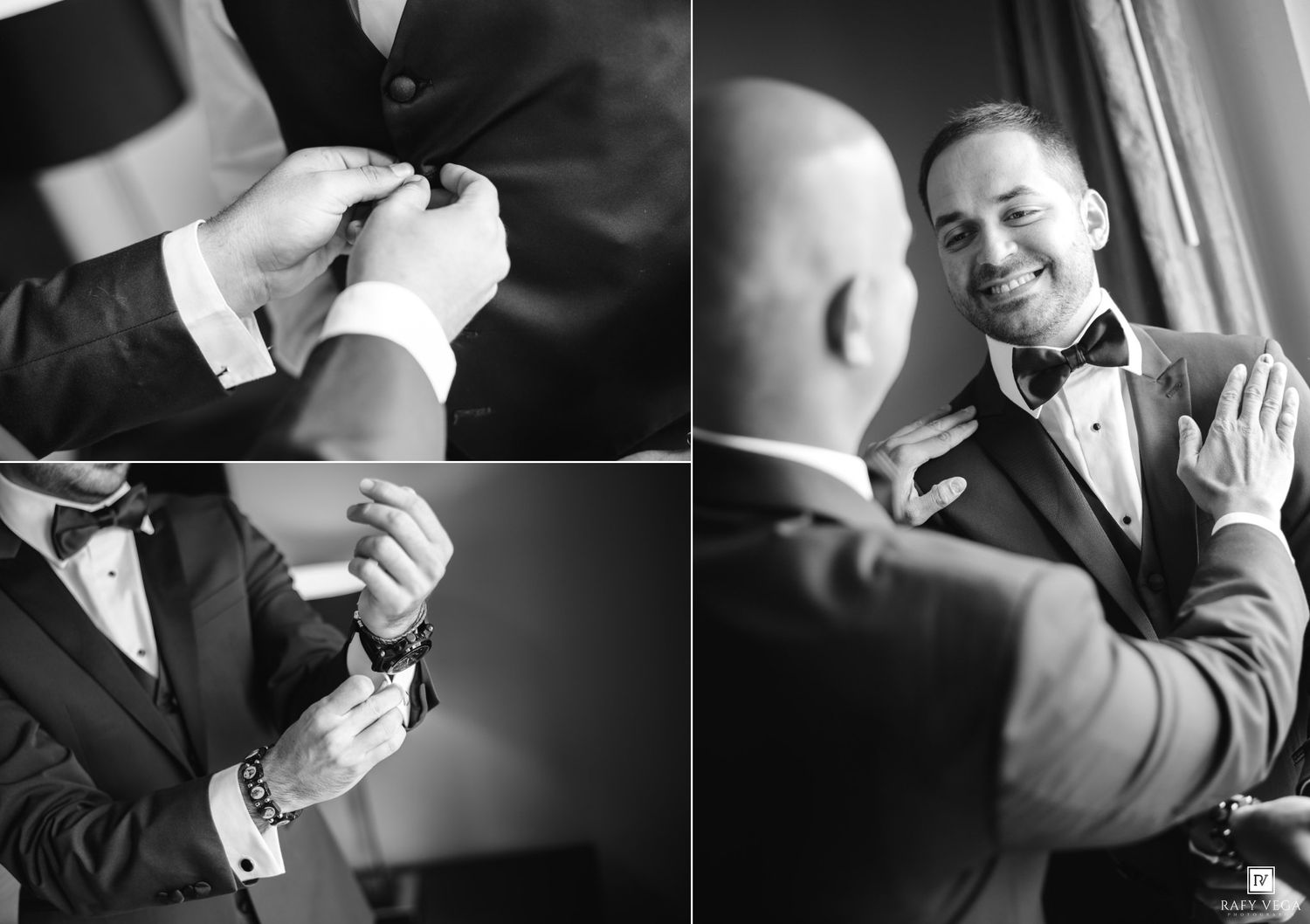 Black and white wedding photo collage of groom getting ready, adjusting bow tie and cufflinks with groomsman smiling.