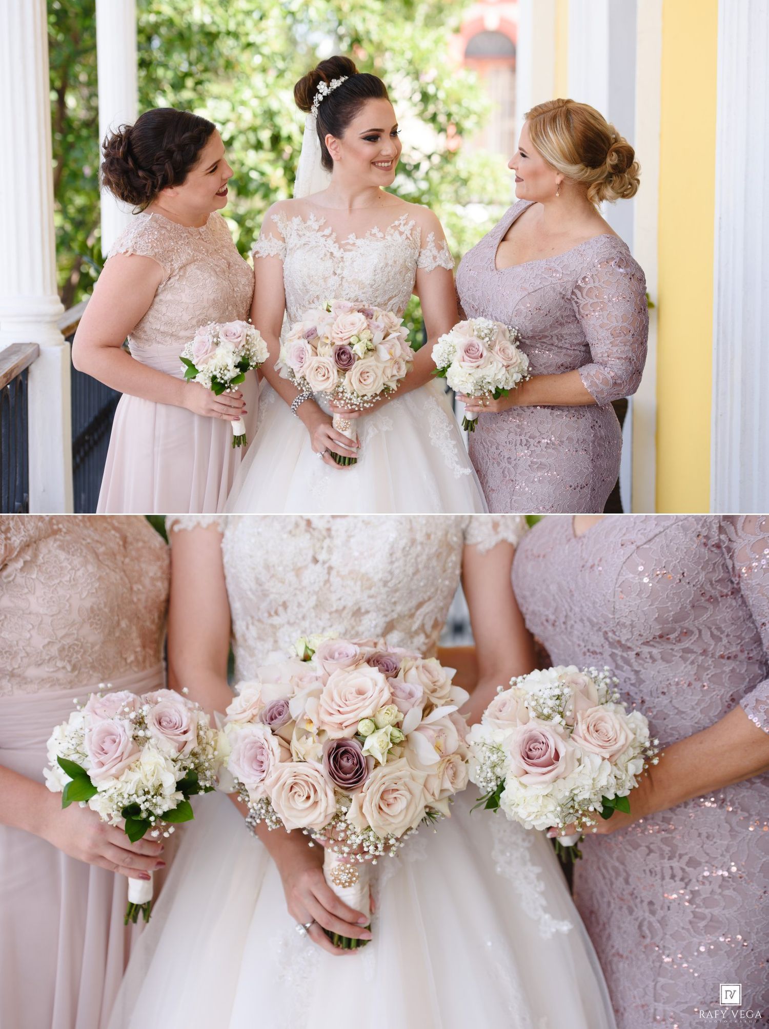 Bride in white lace gown with two bridesmaids in blush and lavender dresses holding pink rose bouquets at a wedding.