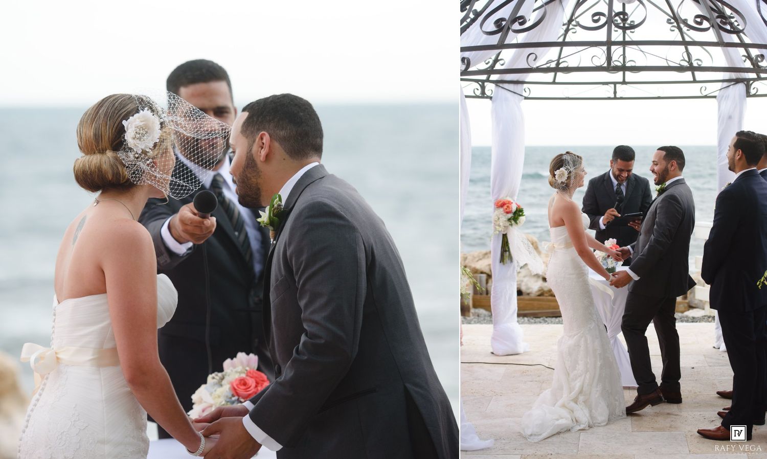 Bride and groom exchanging vows at an outdoor beach wedding ceremony under a white floral arch.
