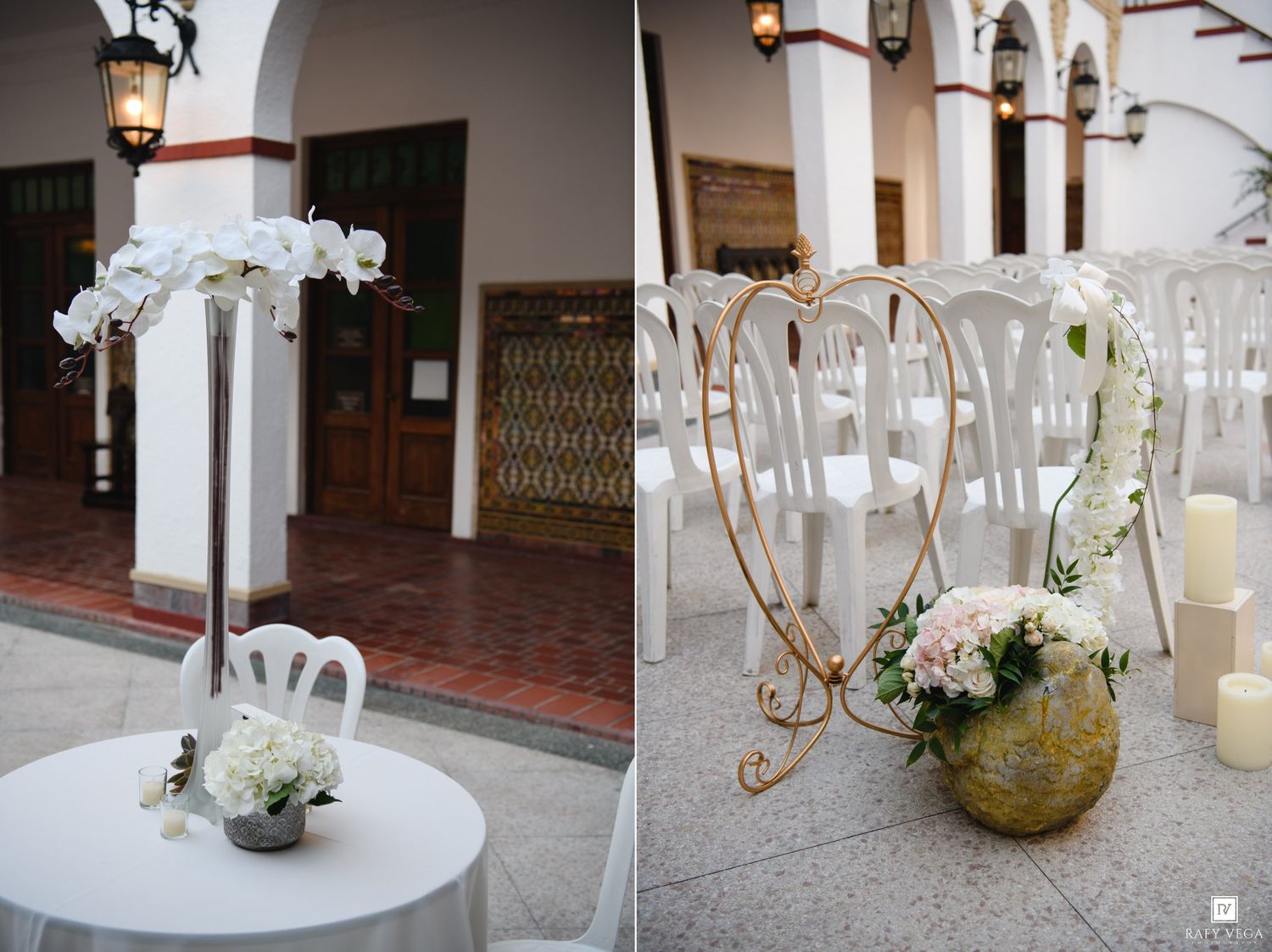 Elegant outdoor wedding ceremony setup with white chairs, orchid floral arrangements, and gold decorative accents.