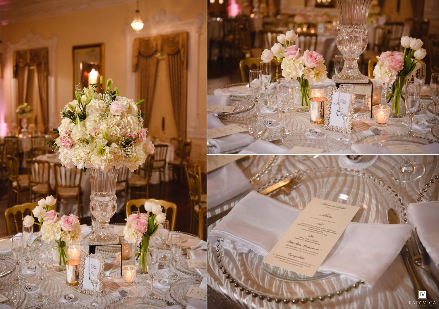 Elegant wedding reception tables with pink and white floral centerpieces, crystal glassware, and soft candlelight in a grand ballroom.