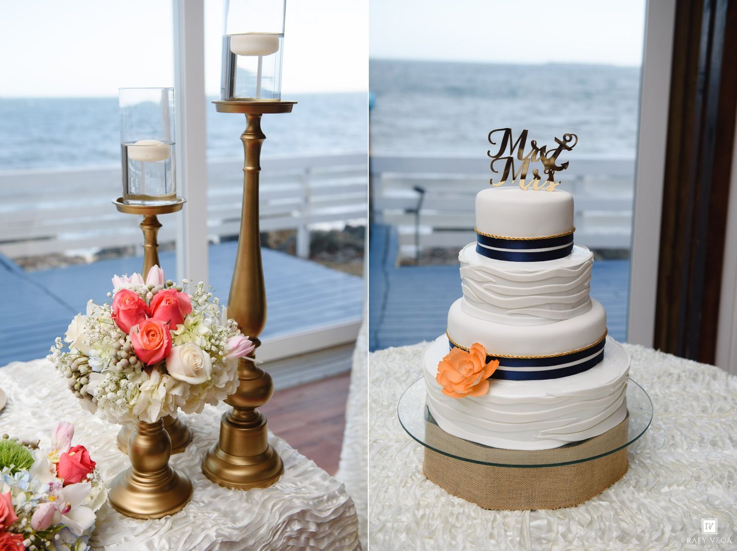 Elegant beach wedding reception featuring a three-tier white cake with navy ribbon and Mr & Mrs topper beside gold candle holders.