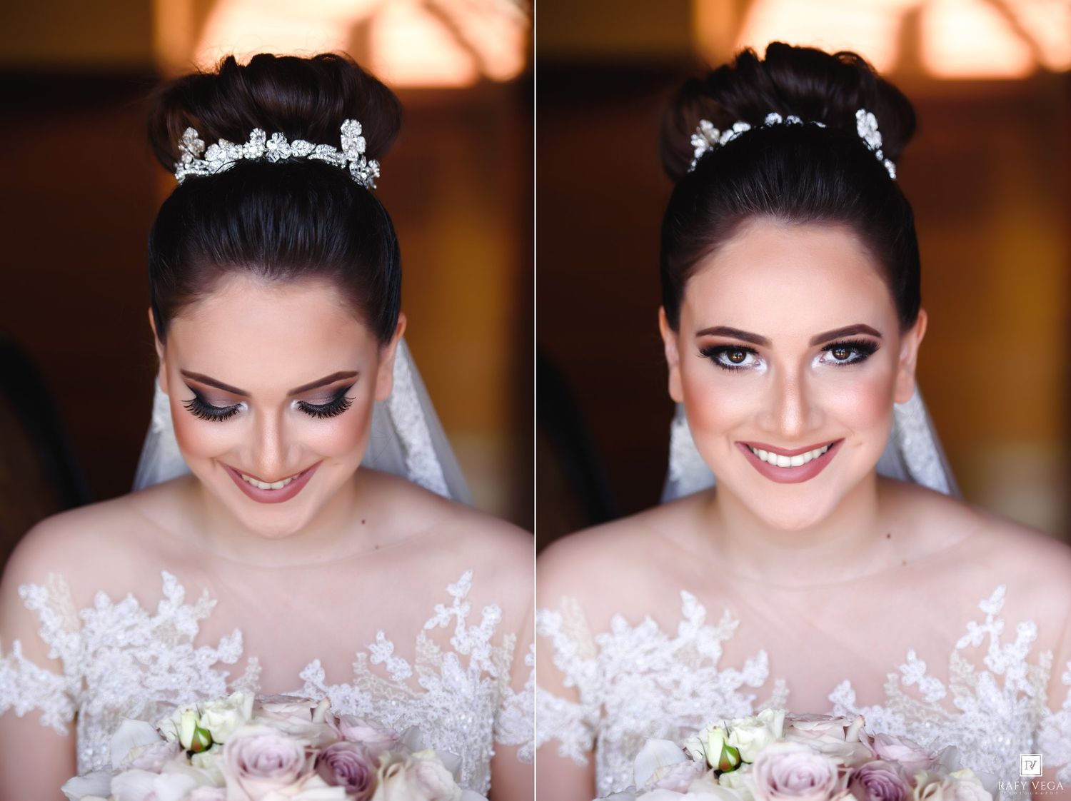 Elegant bride wearing a floral tiara, lace gown, and bridal makeup, holding a bouquet of pastel roses.