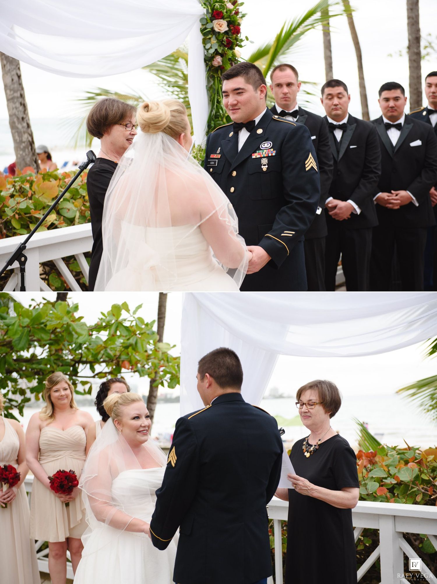 Military groom in dress uniform exchanges vows with bride in white gown at outdoor beach wedding ceremony with groomsmen.
