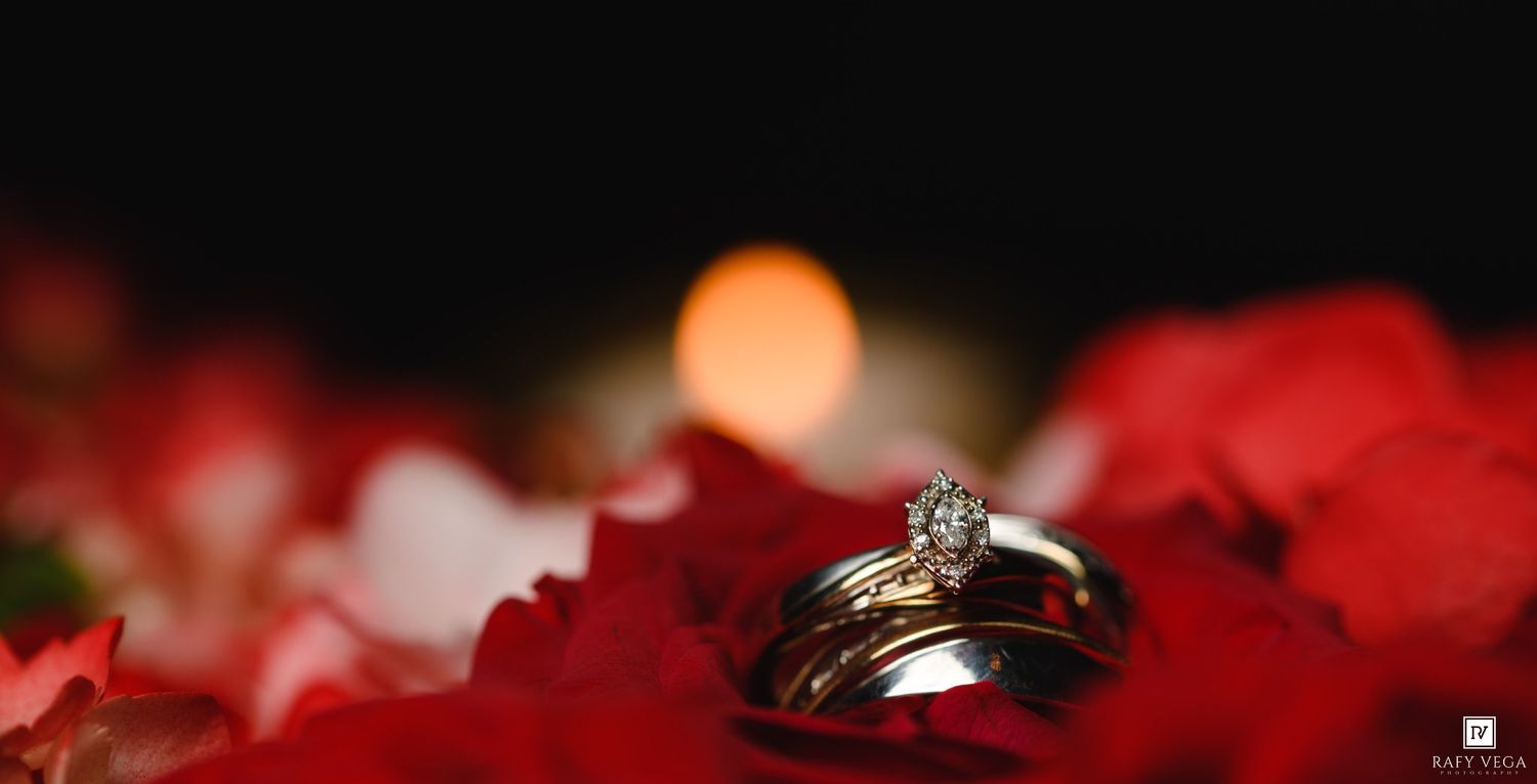 Gold wedding bands and diamond engagement ring resting on red rose petals with soft candlelight bokeh background.
