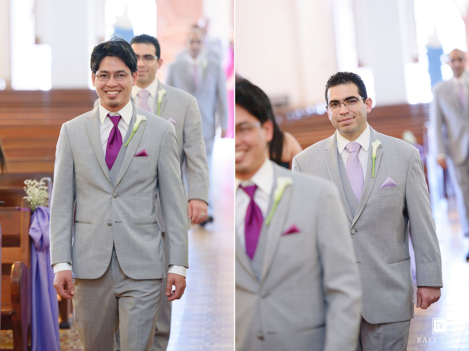 Groomsmen in gray suits with purple ties walking down church aisle.