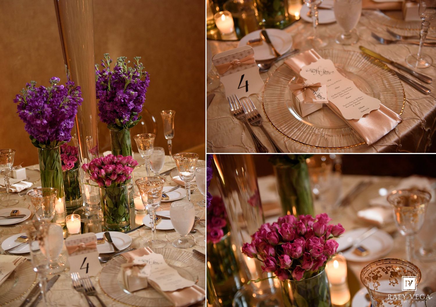 Elegant wedding reception table with purple floral centerpieces, candles, and gold charger plates with folded napkins.