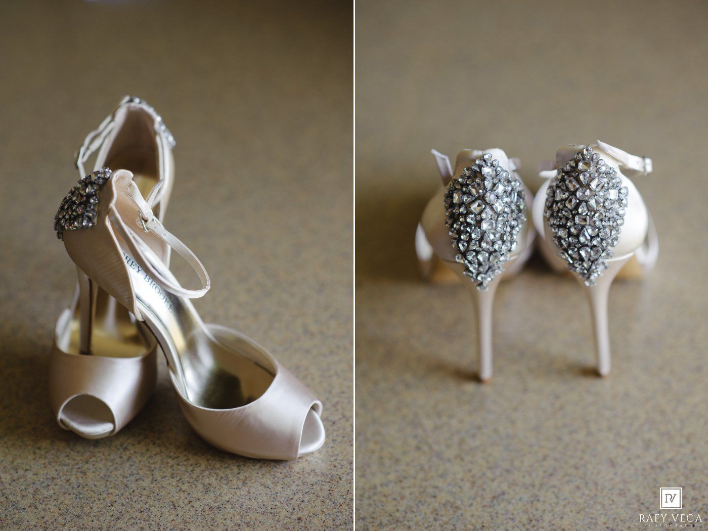 Elegant ivory satin bridal heels with crystal embellishments on the back, displayed in a side and rear view diptych.