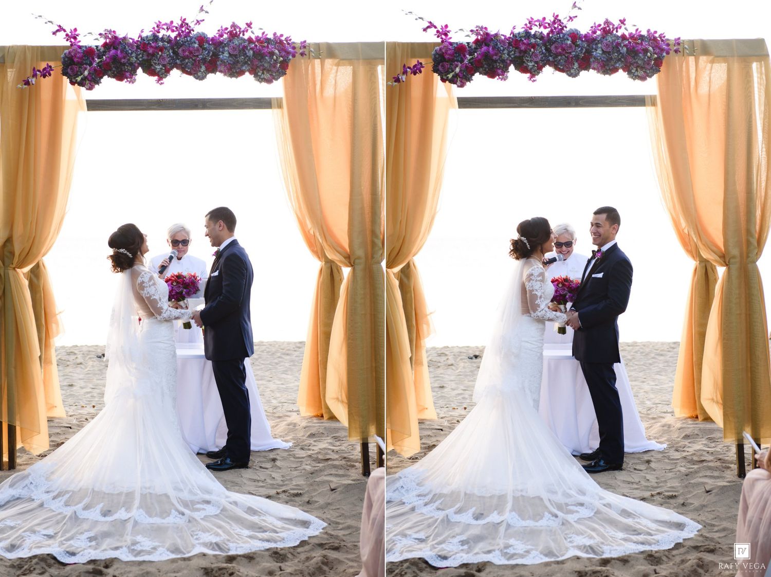 Bride and groom exchange vows under a golden draped arch adorned with purple flowers on a beach wedding ceremony.