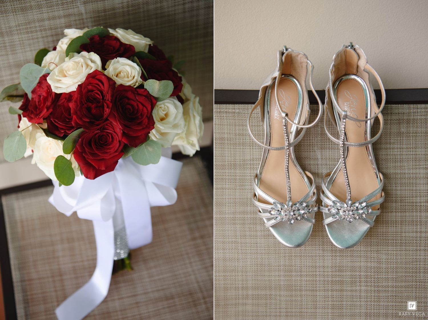 Bridal bouquet of red and white roses with silver strappy heels displayed on a neutral background.