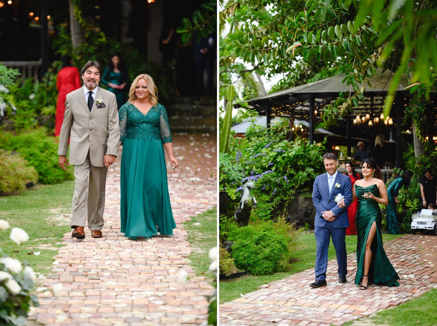 Couple walks down brick aisle, woman in emerald gown, man in gray suit, lush garden wedding ceremony backdrop.