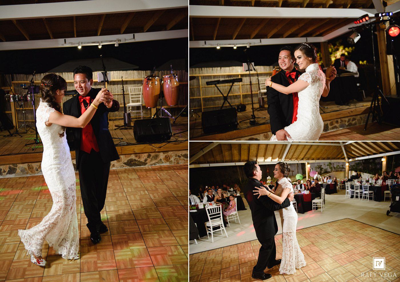 Bride and groom share their first dance at a wedding reception in an elegant venue with warm lighting.