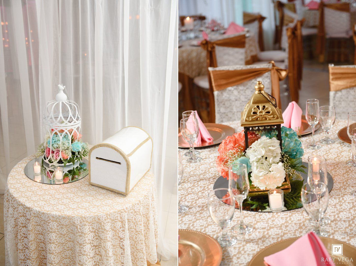 Elegant wedding reception table with gold lantern centerpiece, floral arrangements, and a decorative white card box on lace tablecloth.