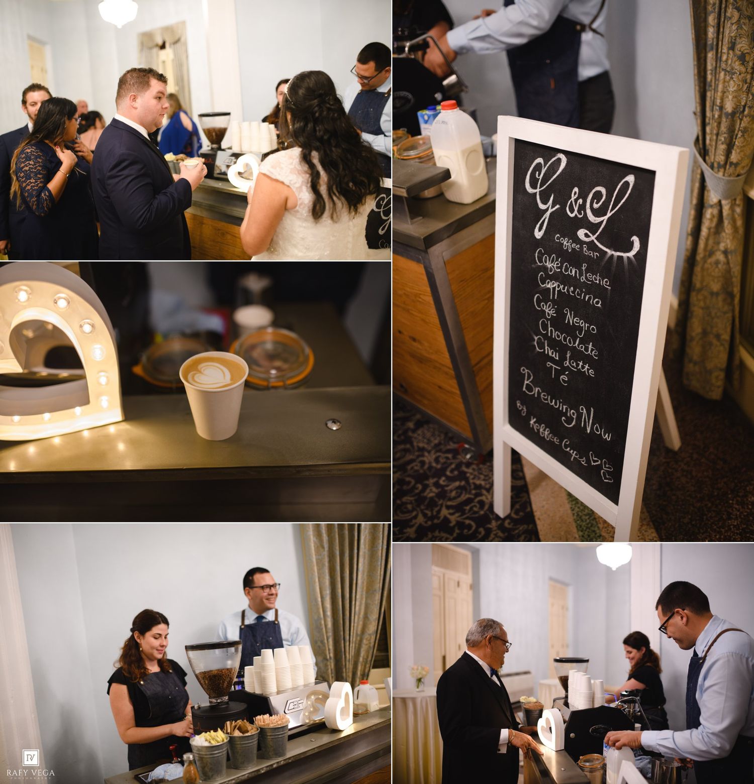 Wedding reception coffee bar setup with chalkboard menu sign, guests mingling, and baristas serving espresso drinks at an elegant venue.