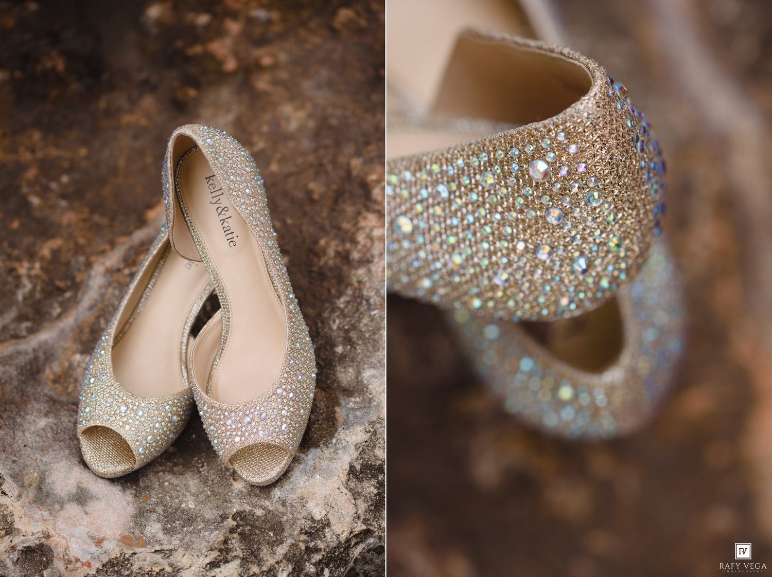 Sparkling rhinestone peep-toe bridal heels displayed on a rocky surface, showcasing intricate crystal embellishments.