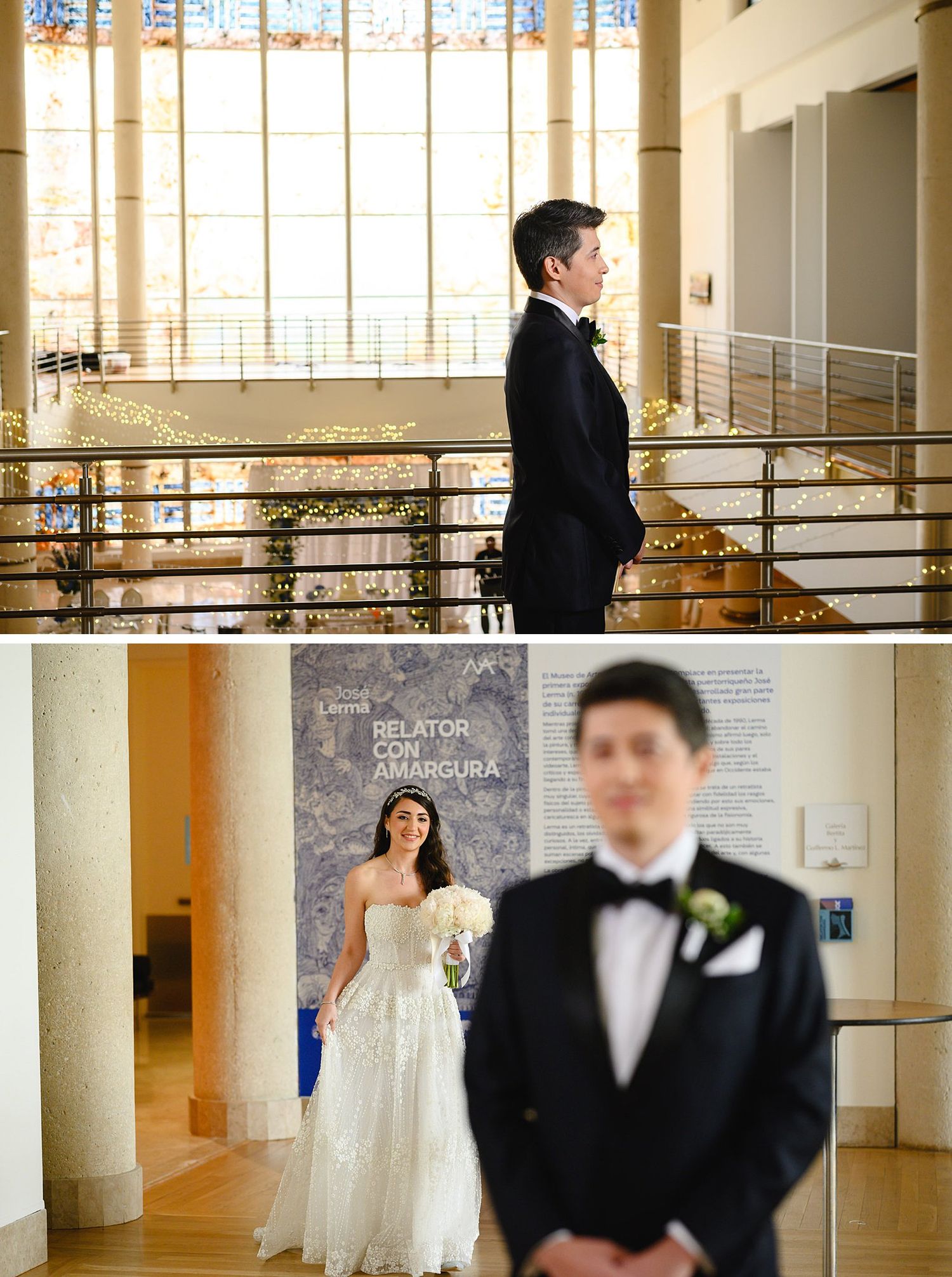 Groom in tuxedo awaits bride during wedding first look at elegant venue with stained glass windows.
