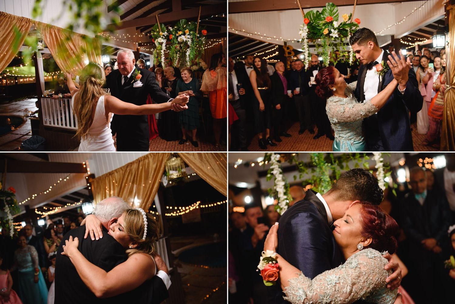 Couples dancing joyfully at an elegant indoor wedding reception with string lights and tropical greenery decor.