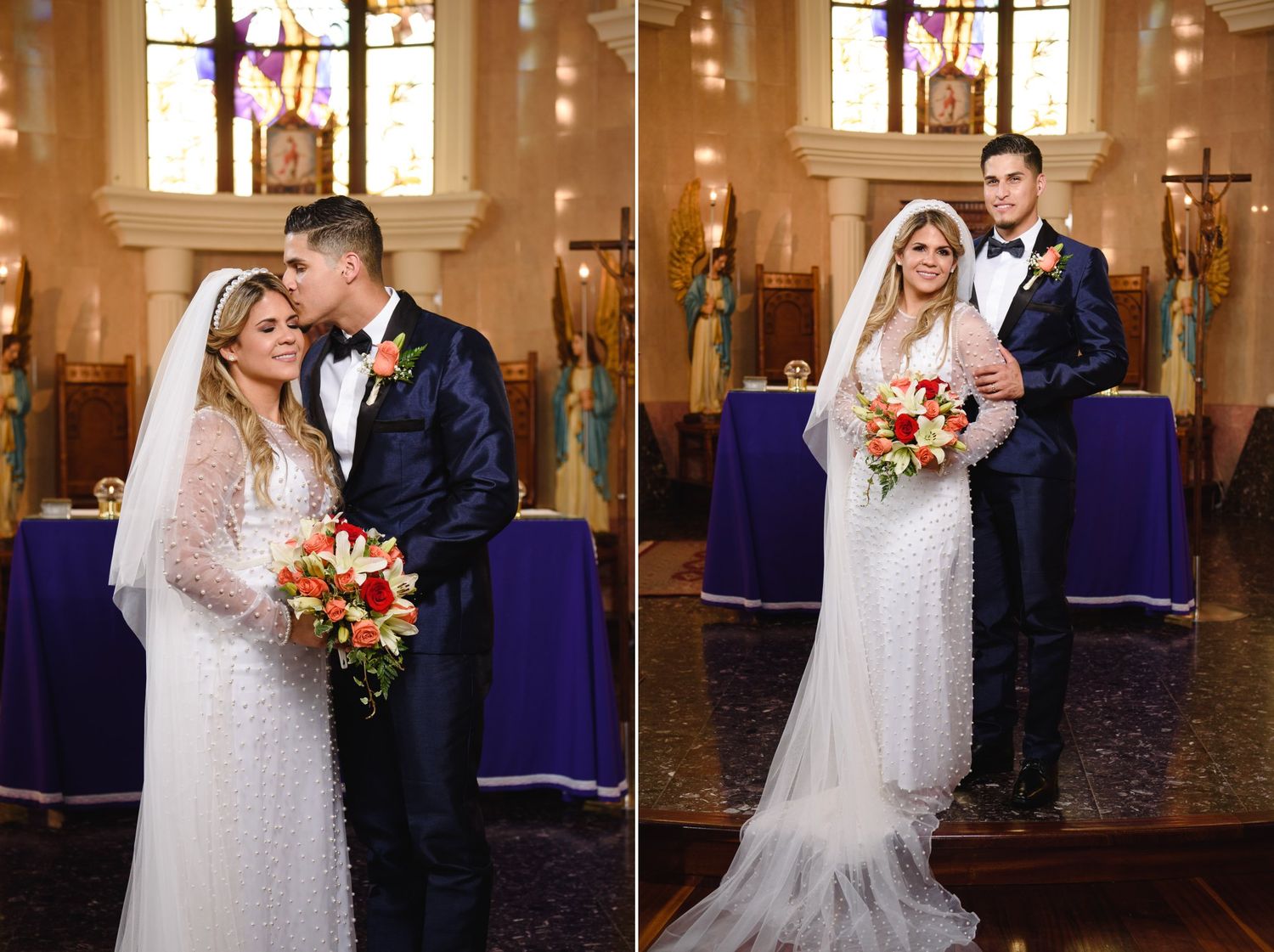 Bride and groom posing in an ornate church, bride holding colorful bouquet in elegant lace gown with veil.