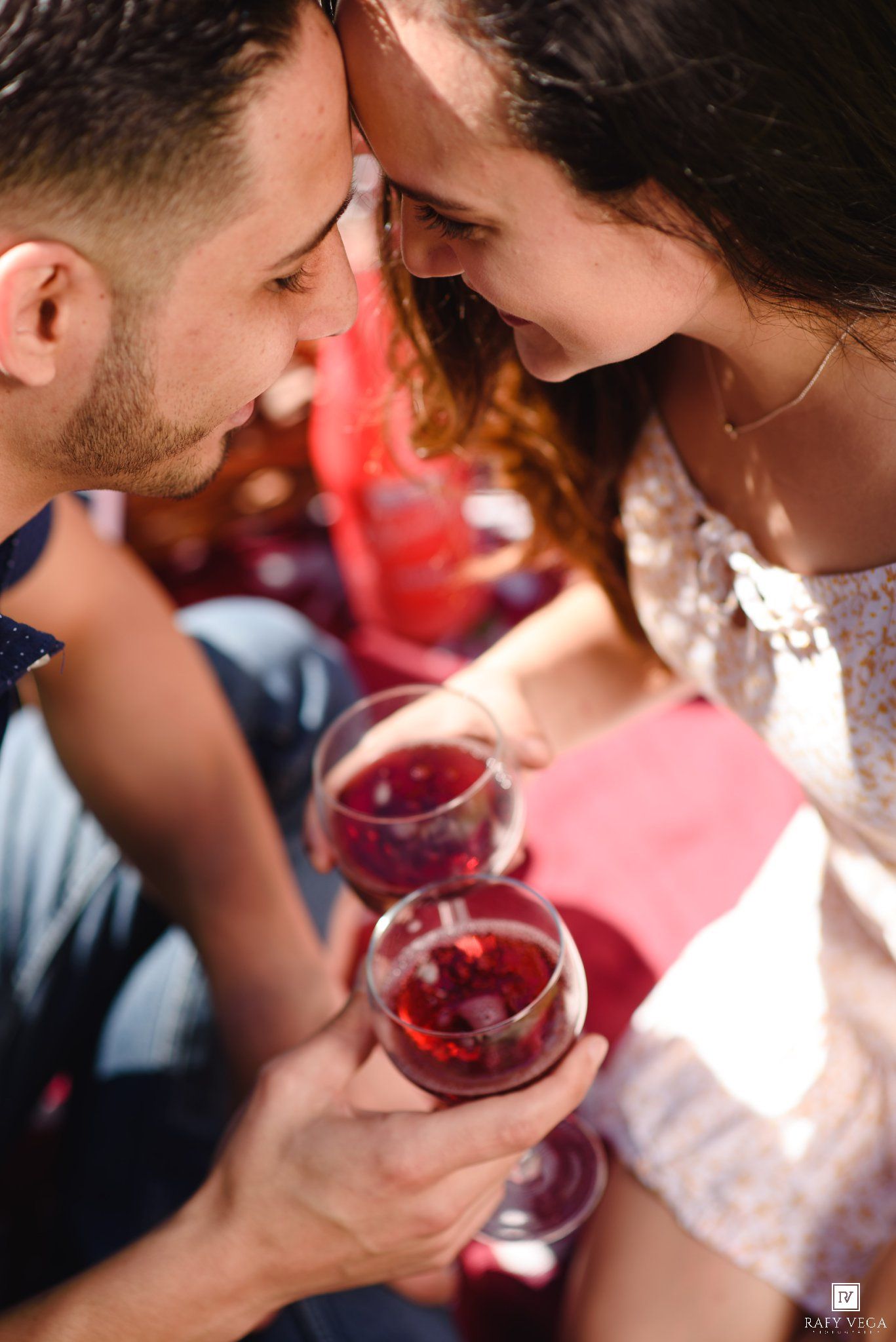 A couple clinks glasses of red wine together in an intimate outdoor picnic setting.