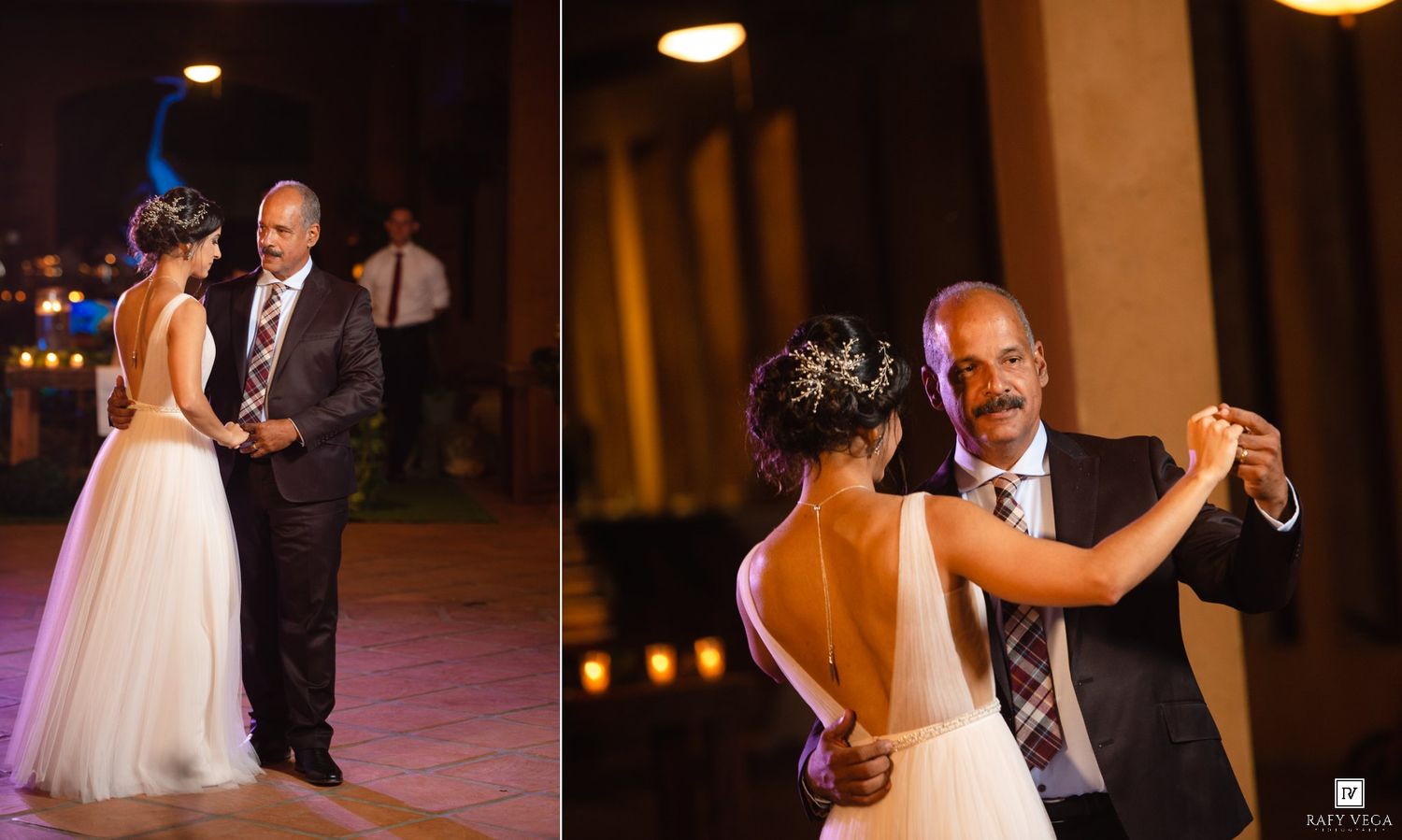 Bride shares a tender father-daughter dance at her wedding reception in a beautiful ballgown.