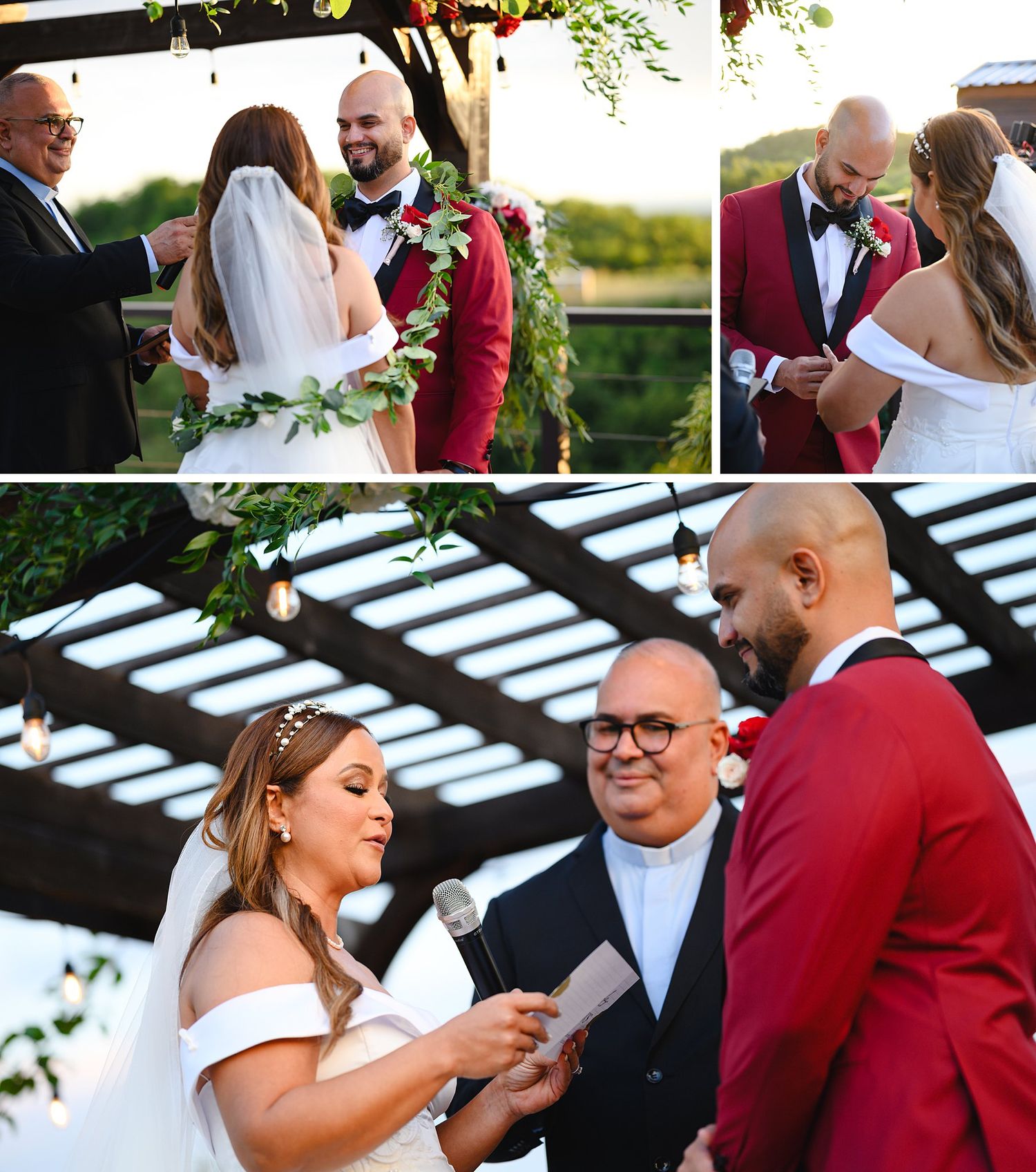 Collage of outdoor wedding ceremony moments with groom in red tuxedo and bride in white off-shoulder gown.