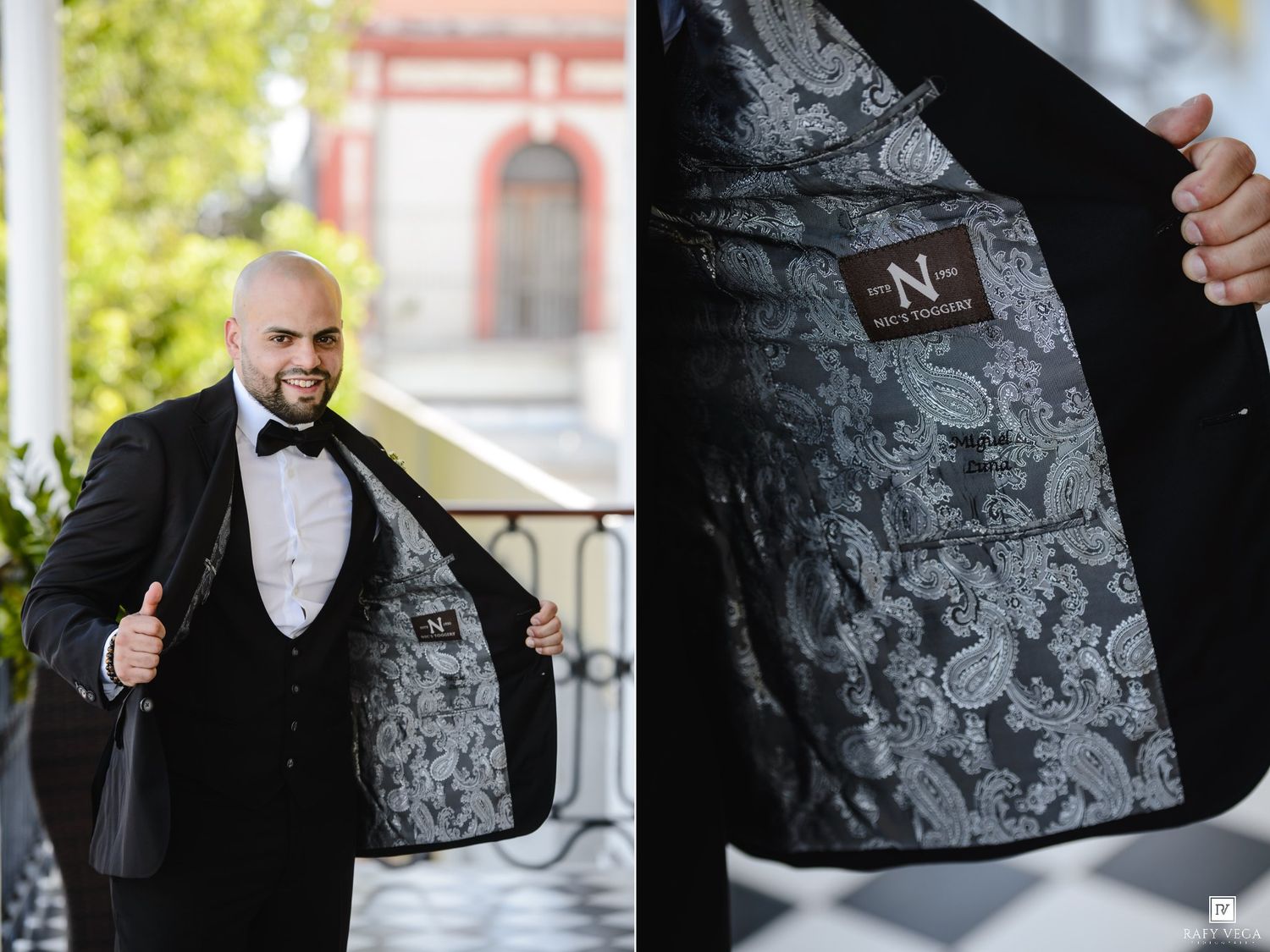 Elegant groom in black tuxedo with bow tie showing paisley lining of his suit jacket outdoors.