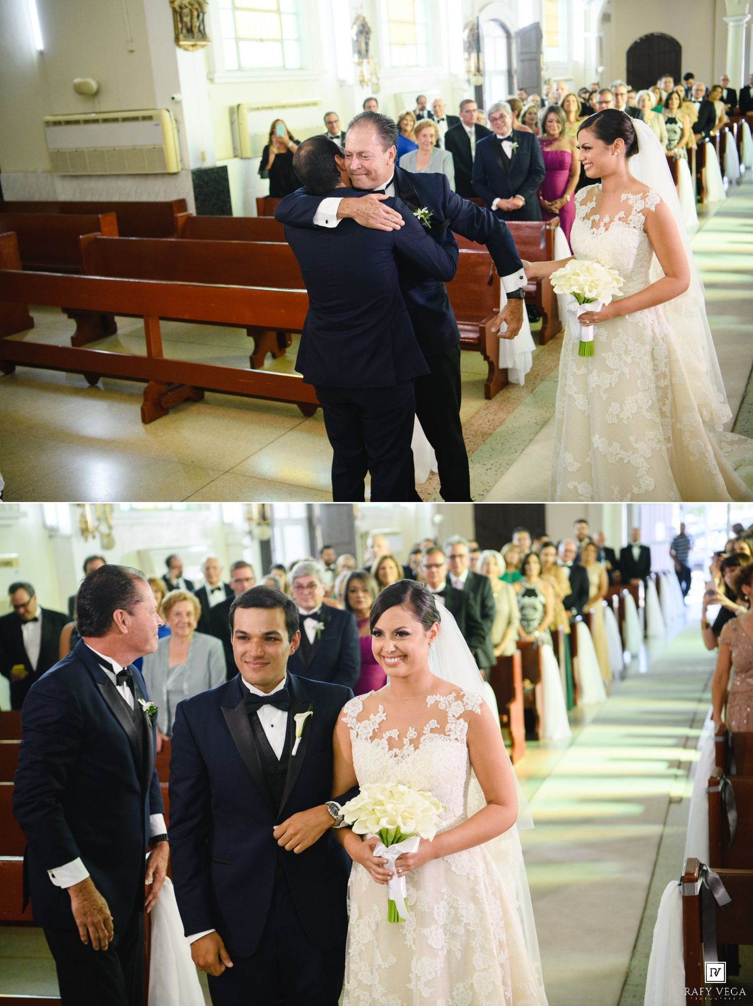 Bride in lace gown walks down church aisle with groom in tuxedo as guests celebrate their wedding ceremony.
