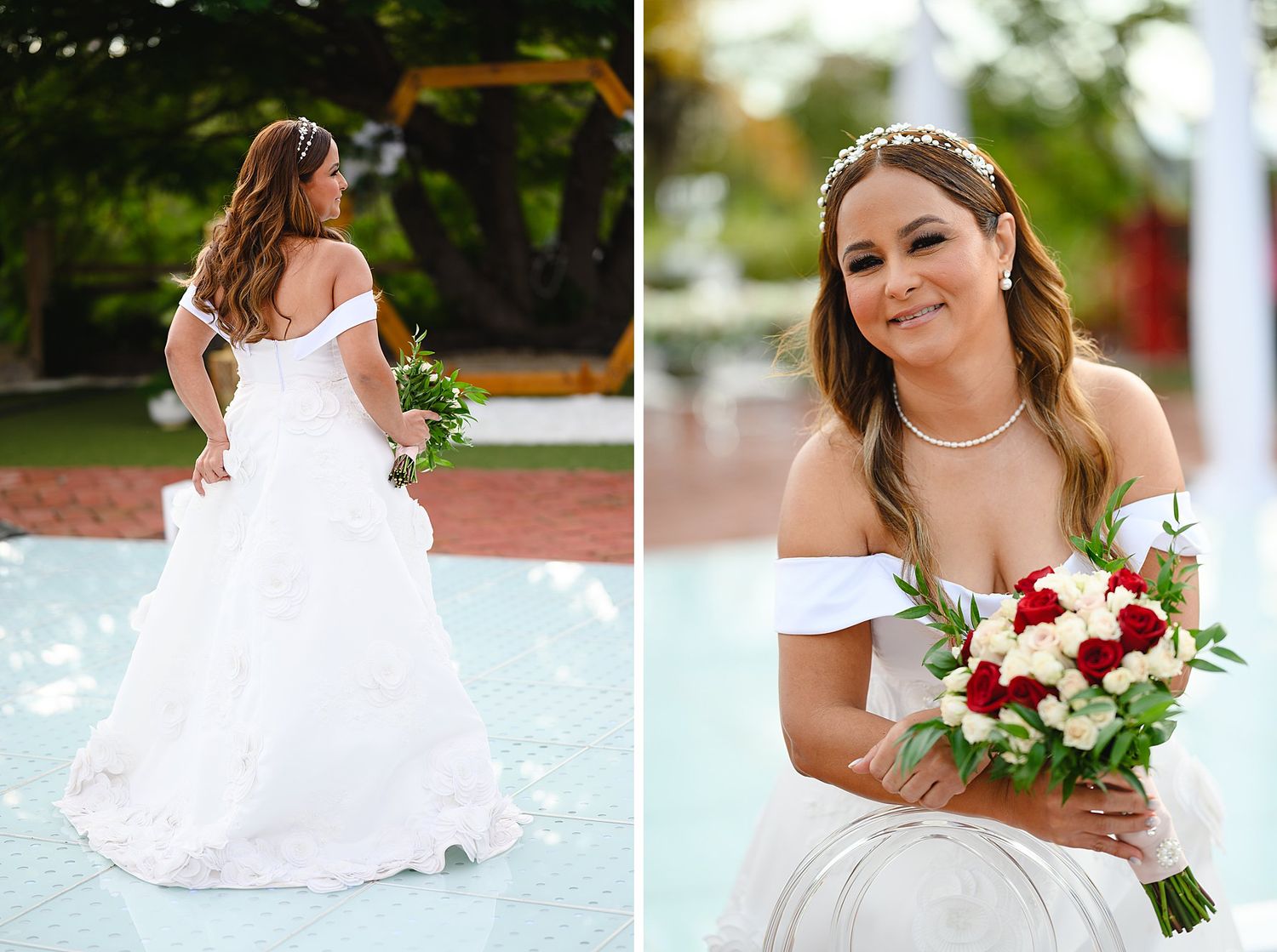 Bride in white off-shoulder gown holding red and white bouquet, posing outdoors in dual wedding portrait photos.