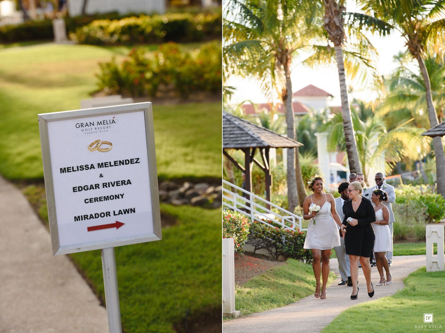 Wedding ceremony sign for Melissa Melendez and Edgar Rivera at Gran Melia resort with guests walking.