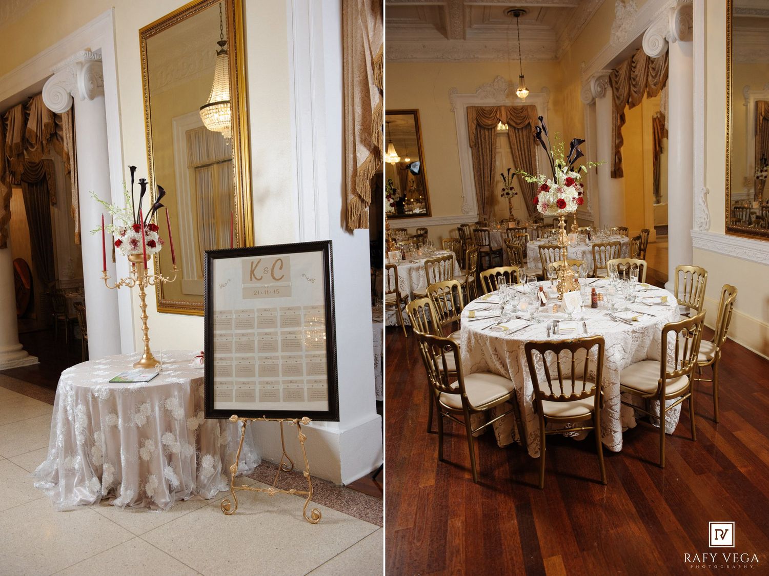 Elegant wedding reception venue with gold chiavari chairs, round tables, floral centerpieces, and a framed seating chart display.