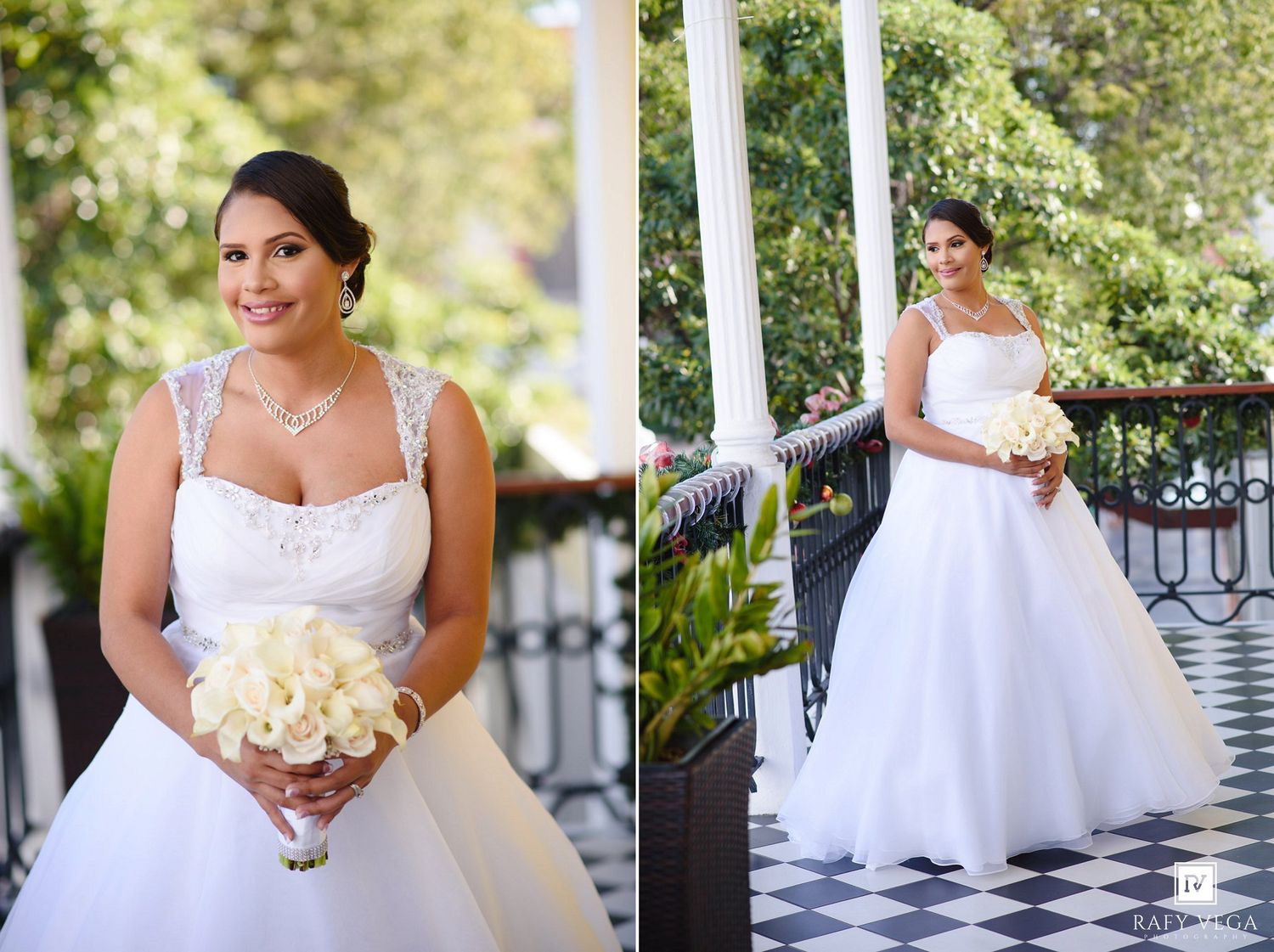 Elegant bride in a white lace wedding gown holding a white bouquet on a decorative balcony outdoors.