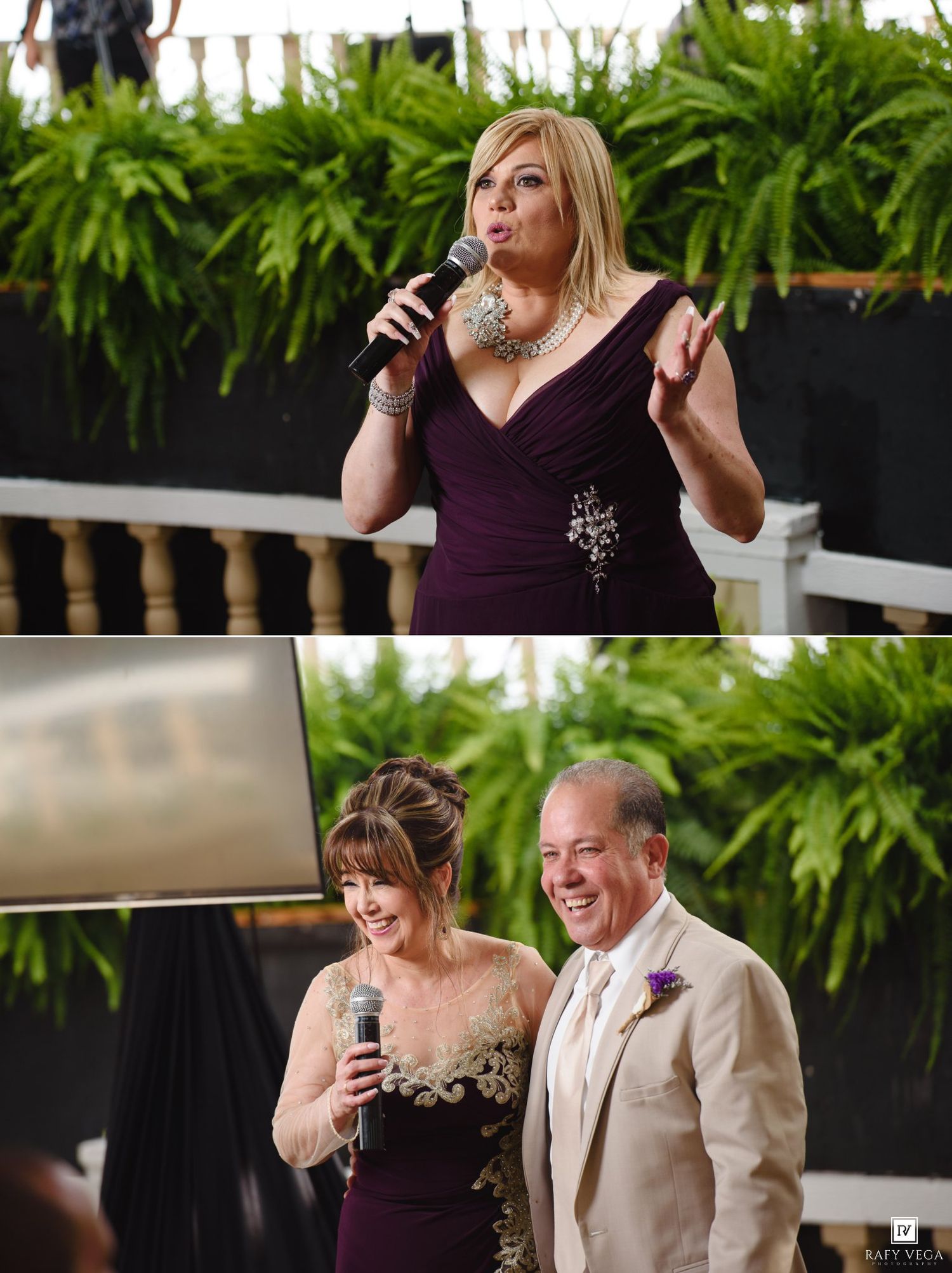 Woman in purple dress giving a speech at an outdoor wedding reception while couple laughs below.