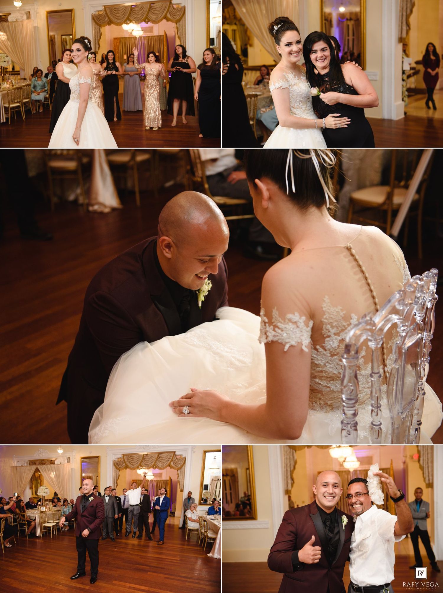 Elegant wedding reception featuring bride tossing bouquet, couple dancing, and guests celebrating in a decorated ballroom.
