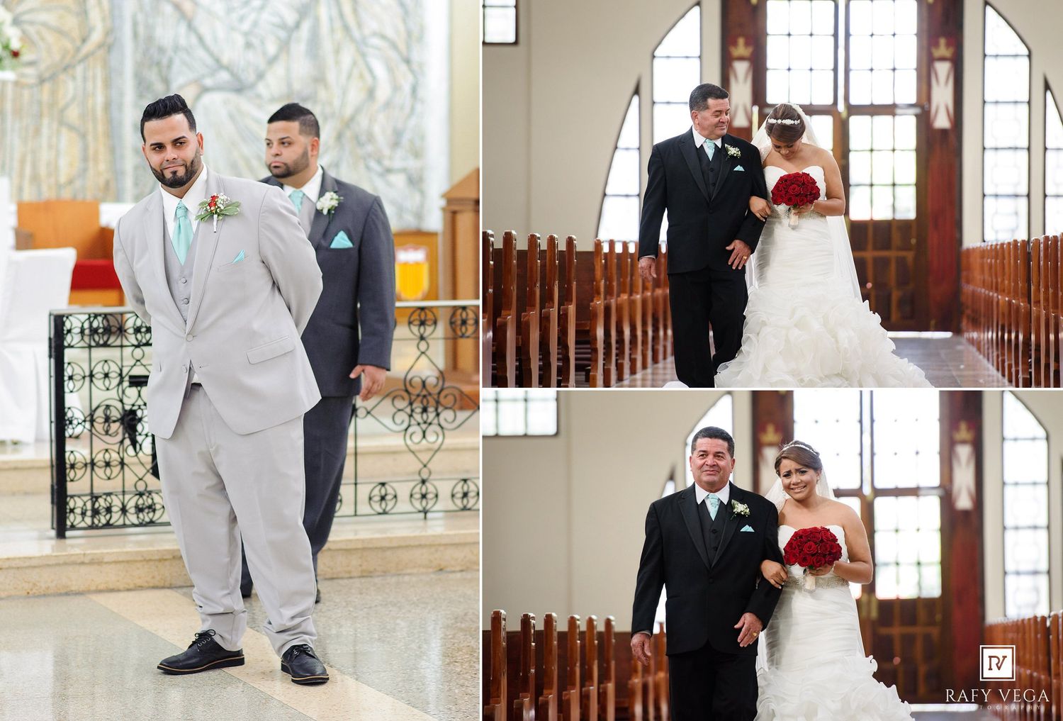 Groom stands at the altar in a gray suit as the bride walks down the aisle in a white gown with red bouquet.
