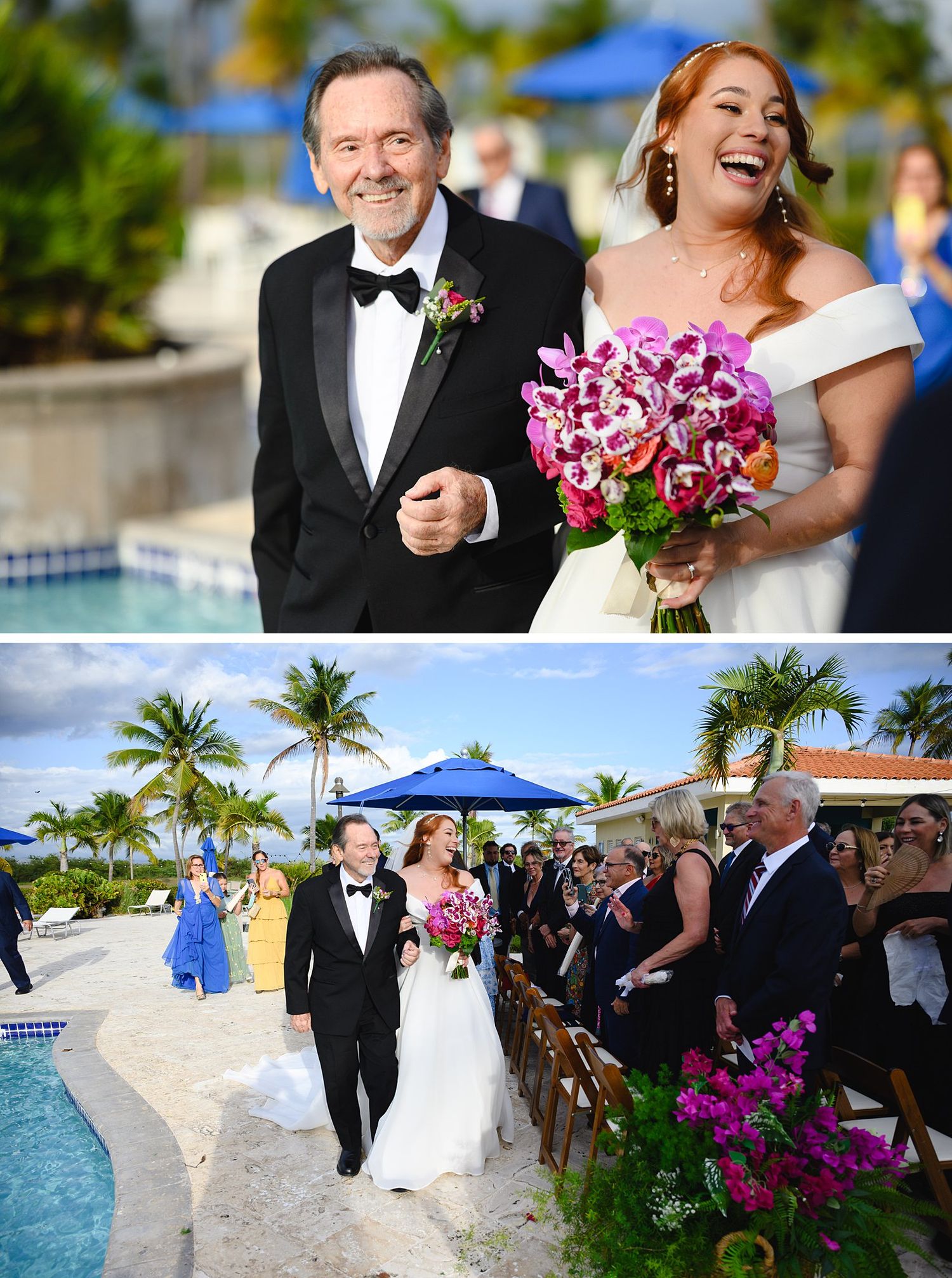 Bride laughing with father in tuxedo during outdoor tropical wedding ceremony beside pool with pink floral bouquet.