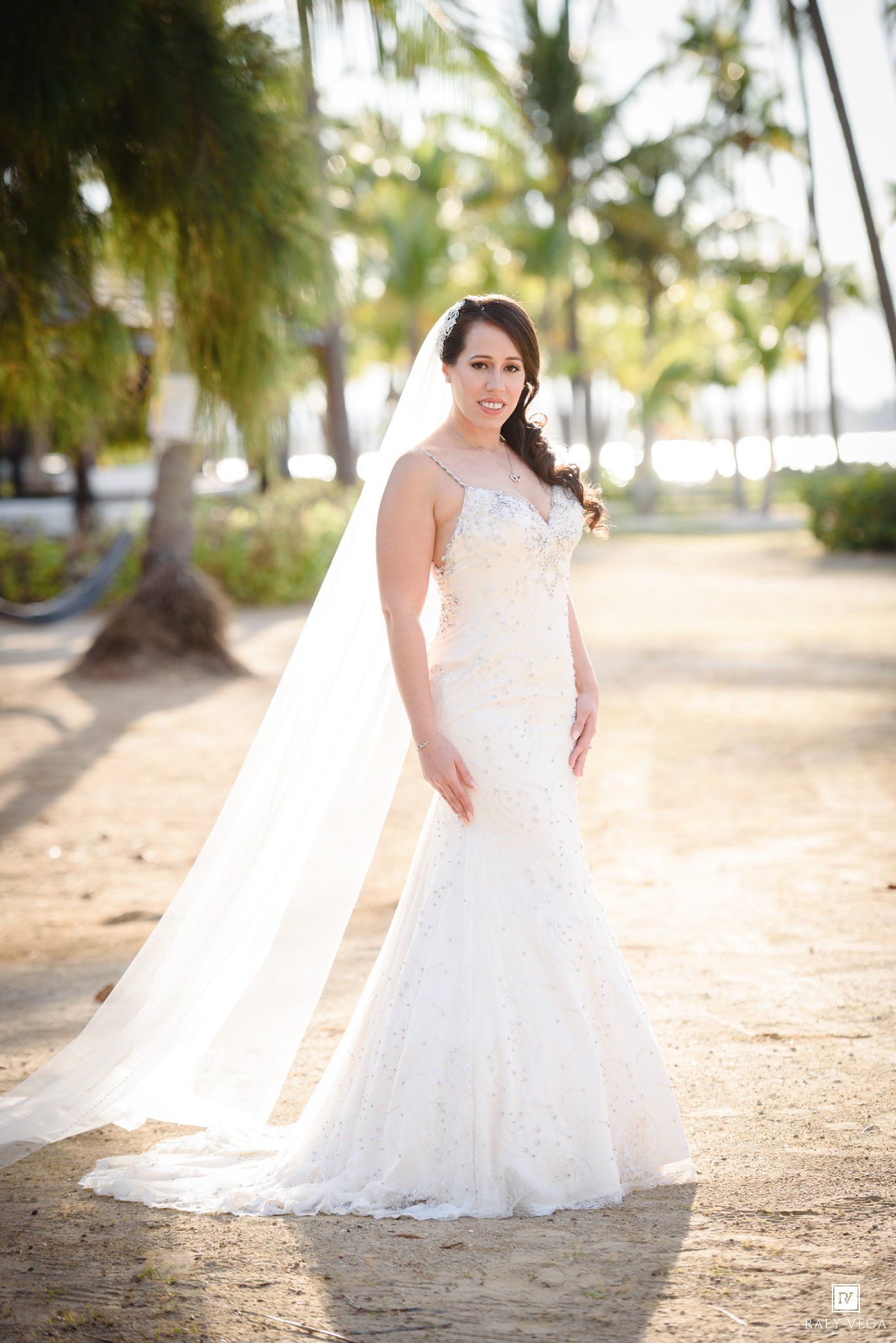 Bride in lace mermaid wedding gown with long veil poses on sandy path lined with palm trees near waterfront.