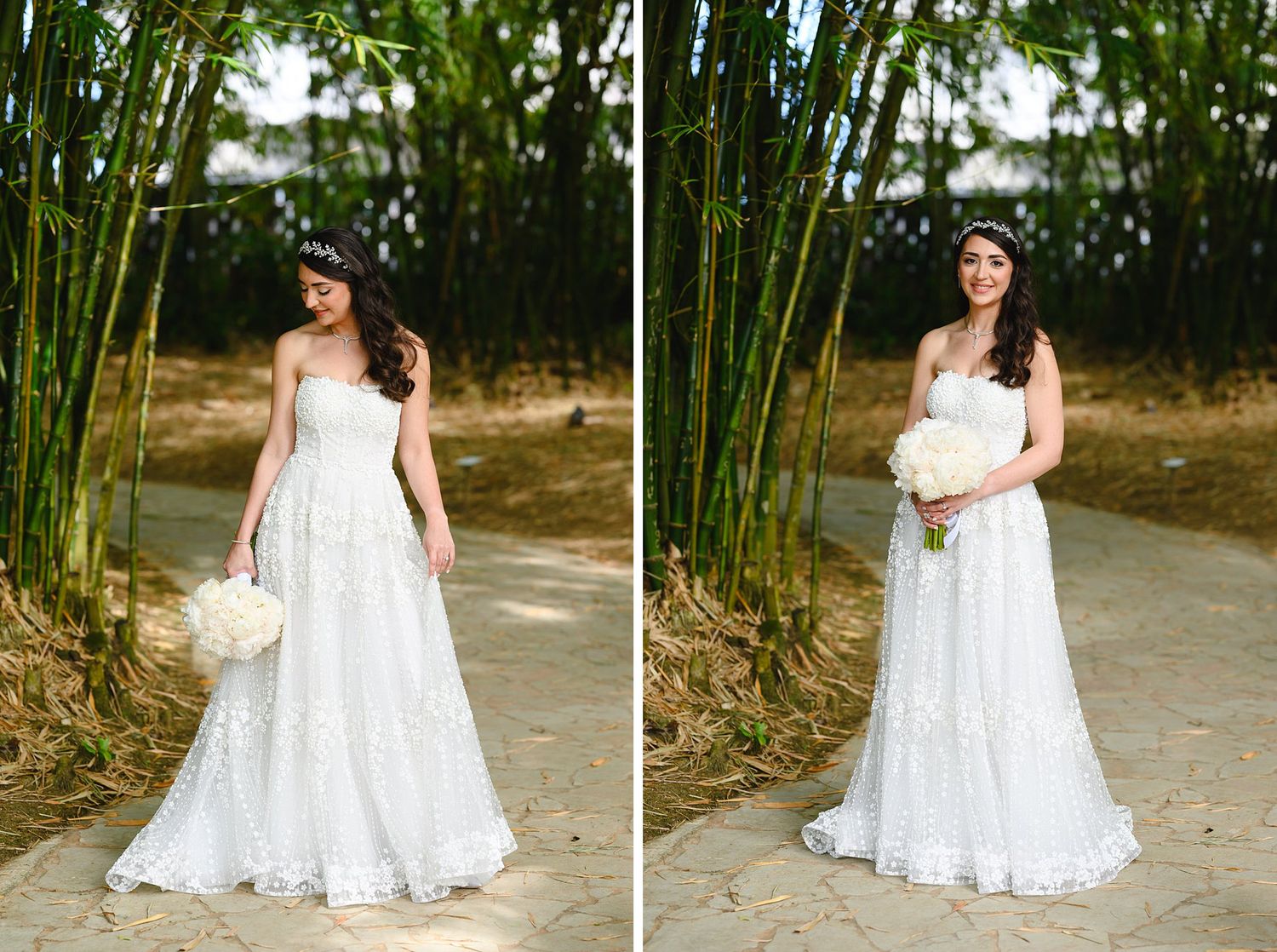 Bride in white lace strapless gown holding bouquet, posing among bamboo trees in two elegant portrait shots.