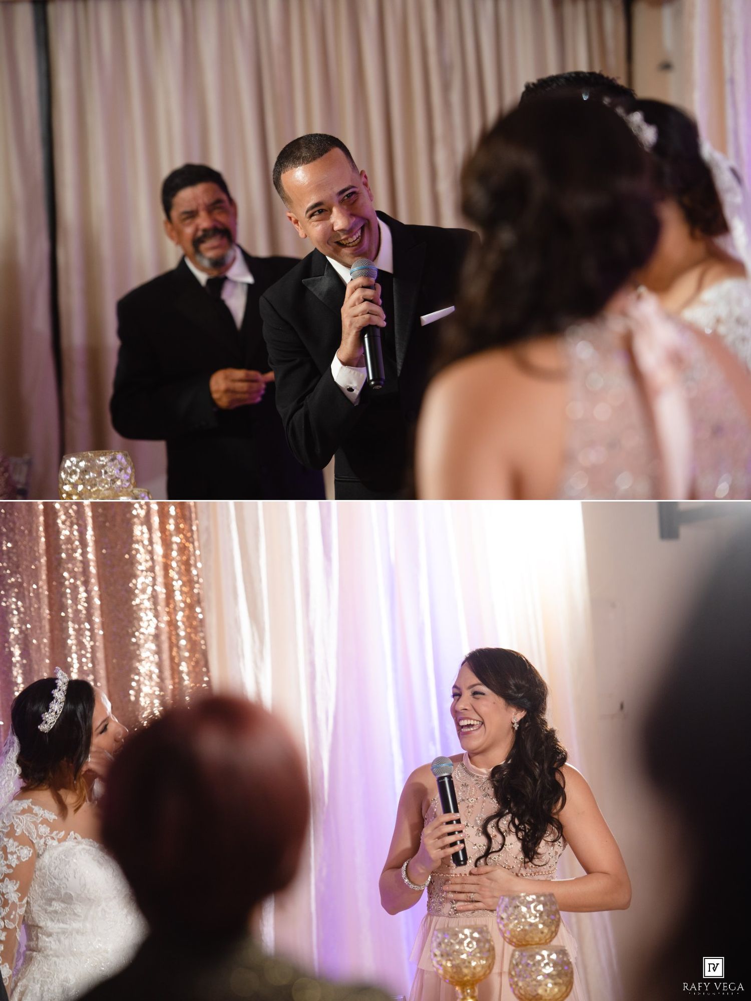 Man in tuxedo speaks at wedding reception while bride listens, and woman gives speech holding microphone at elegant venue.