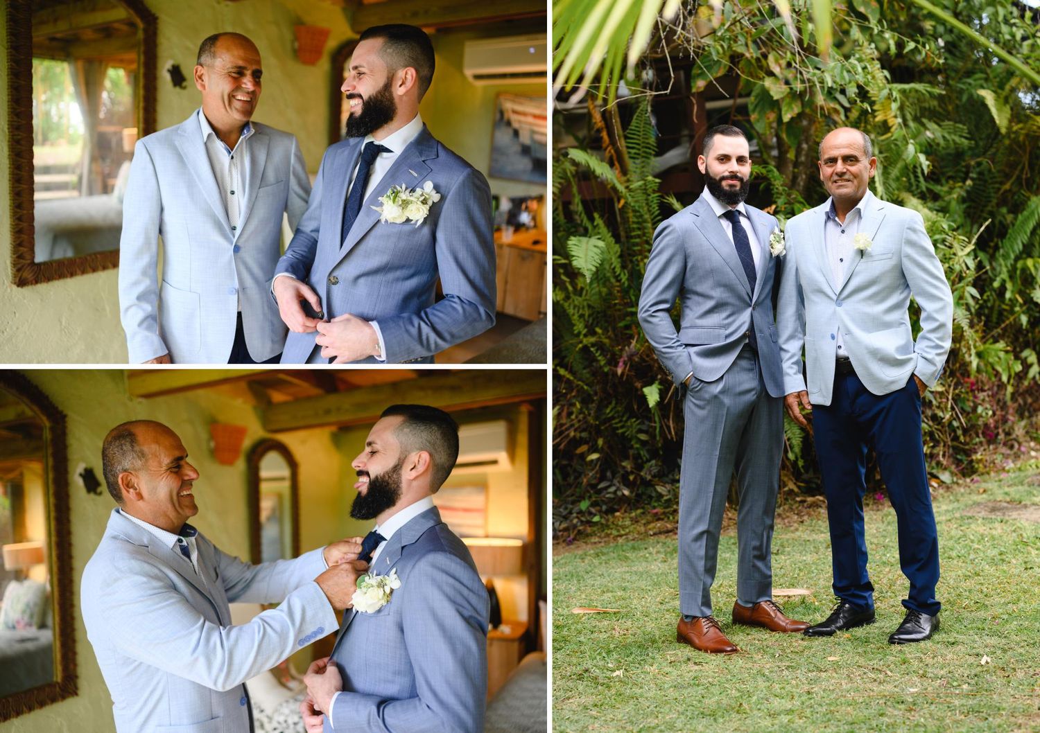 Two men in matching light blue suits pose together during wedding preparations and outdoor portraits.