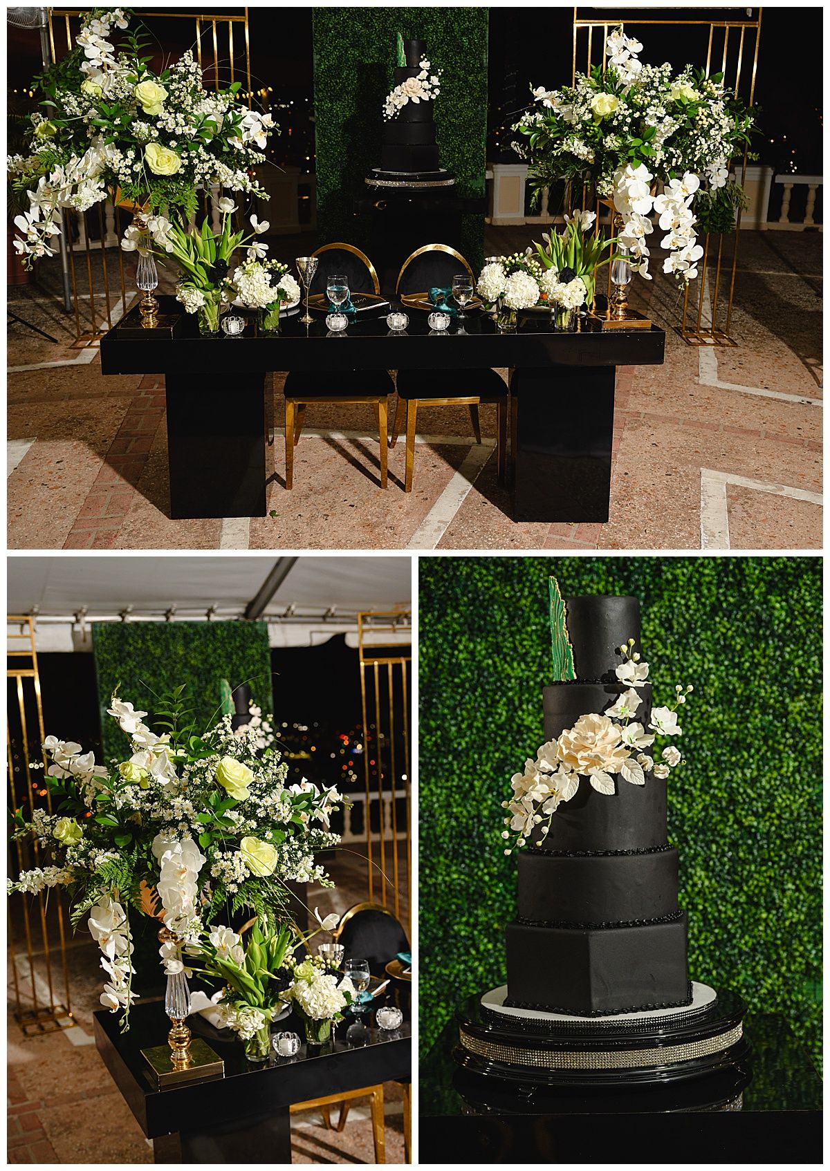 Elegant black and gold wedding reception featuring lush white floral arrangements and a stunning three-tier black wedding cake.